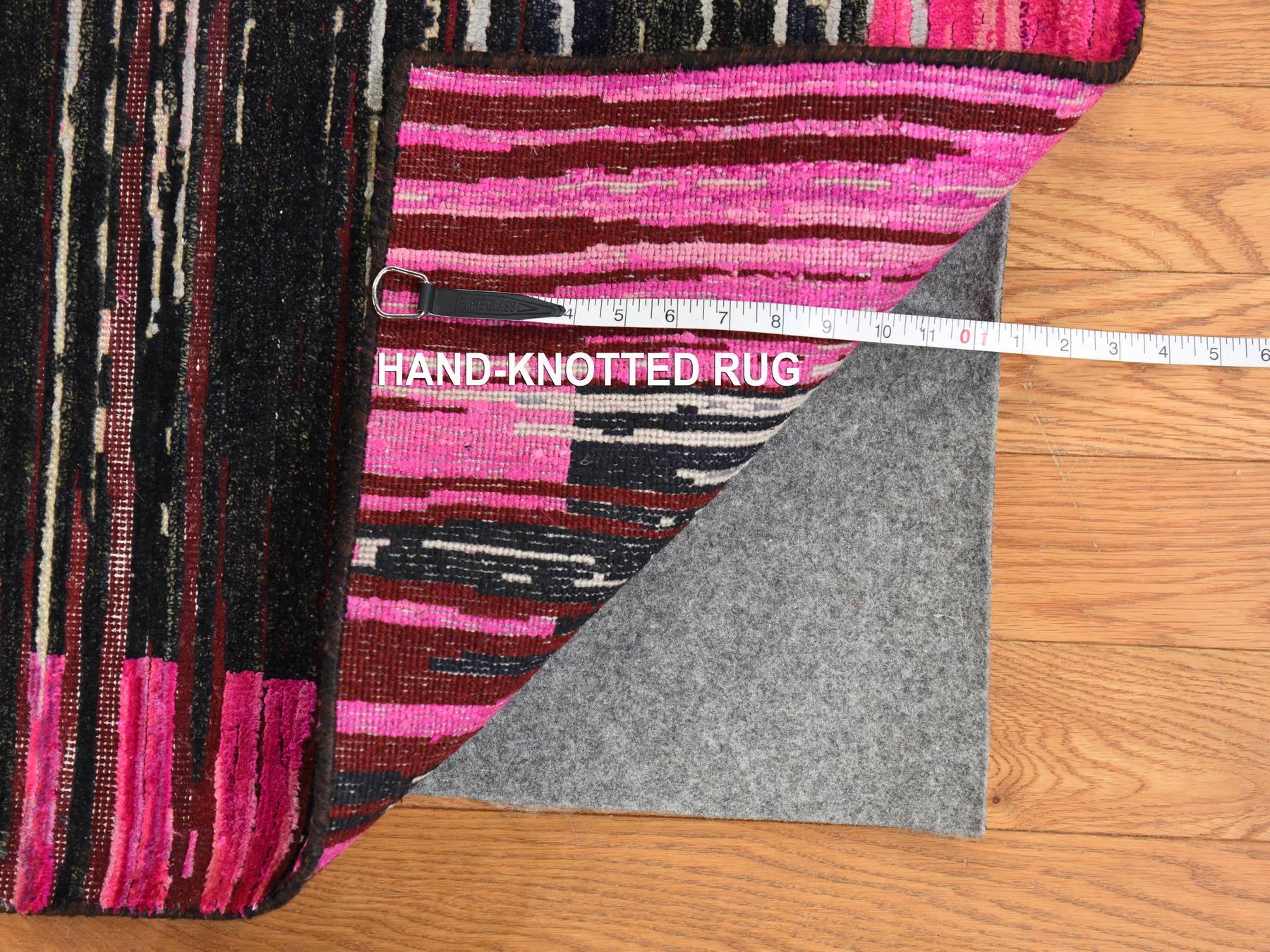 9'x12' Hot Pink, Erased Horizontal Line Design, Sari Silk with Textured Wool, Oriental Rug HR78741 - Image 7