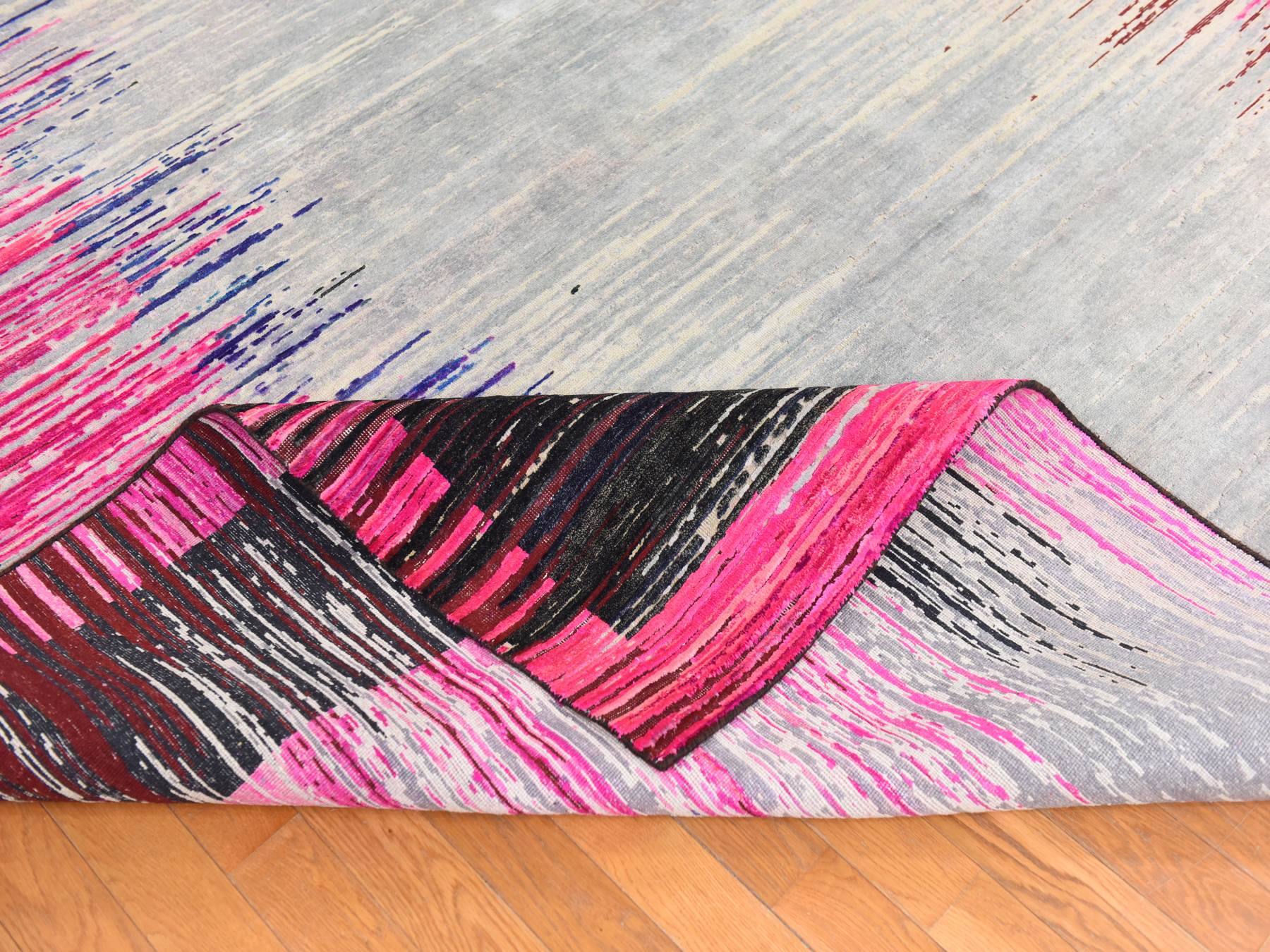 9'x12' Hot Pink, Erased Horizontal Line Design, Sari Silk with Textured Wool, Oriental Rug HR78741 - Image 8