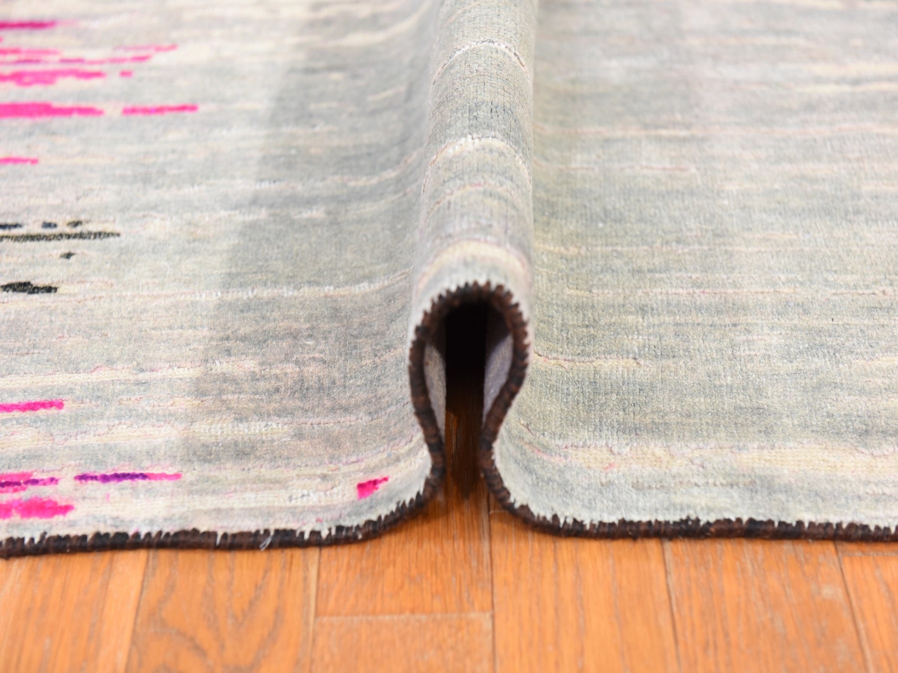 9'x12' Hot Pink, Erased Horizontal Line Design, Sari Silk with Textured Wool, Oriental Rug HR78741 - Image 9