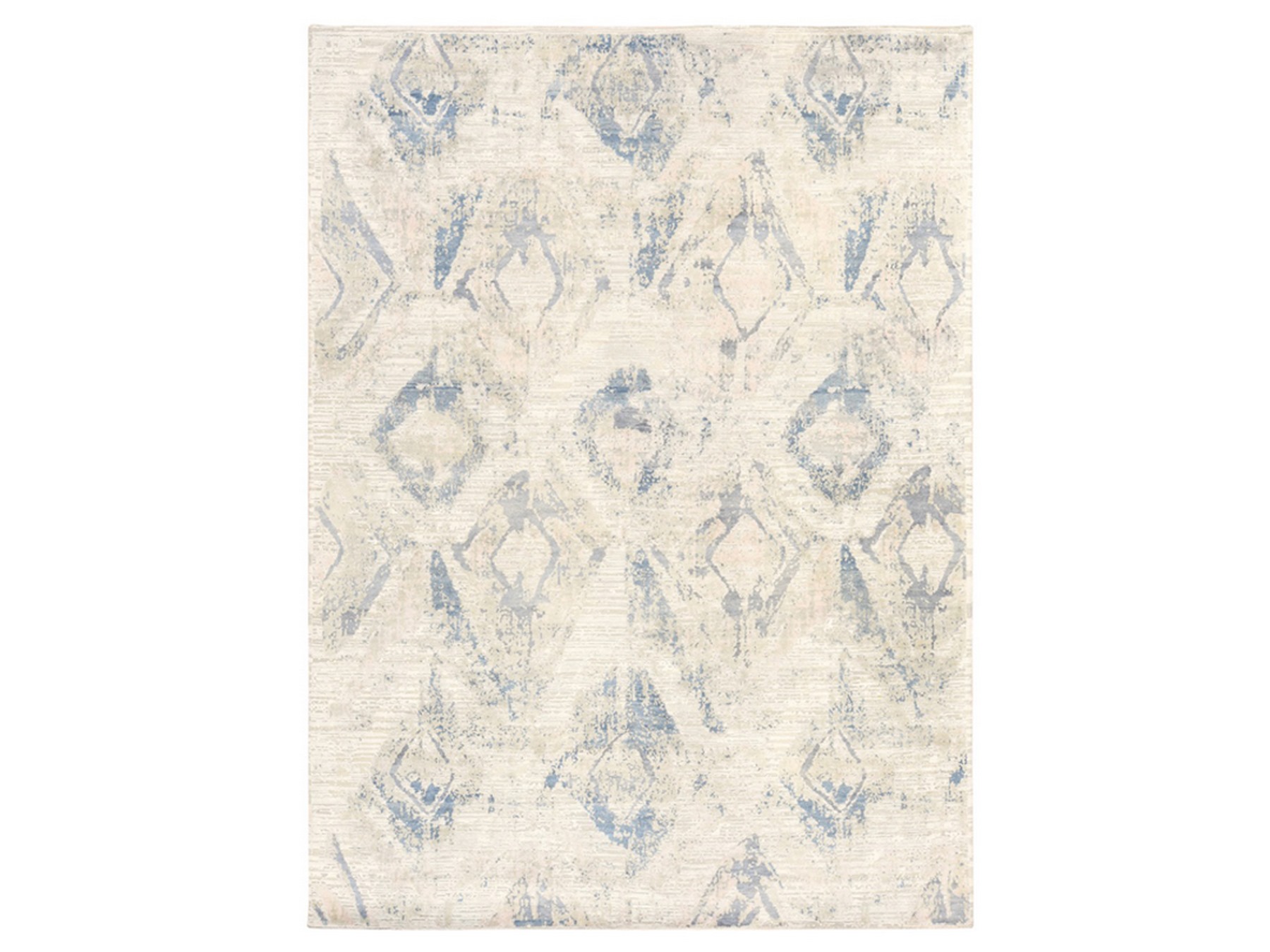 8'10"x12'1" Chiffon White with Pastel Colors, Modern Design, Large Elements Pattern, Hand Knotted, Silk with Textured Wool, Oriental Rug HR78742