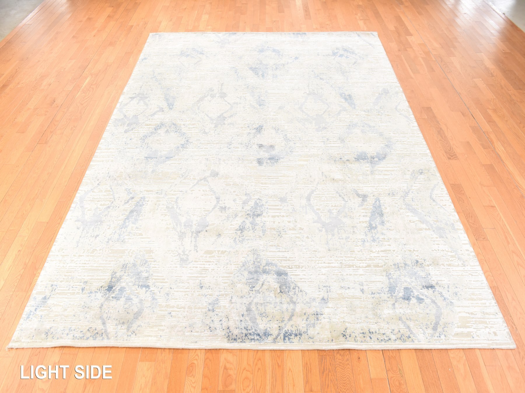 8'10"x12'1" Chiffon White with Pastel Colors, Modern Design, Large Elements Pattern, Hand Knotted, Silk with Textured Wool, Oriental Rug HR78742 - Image 3
