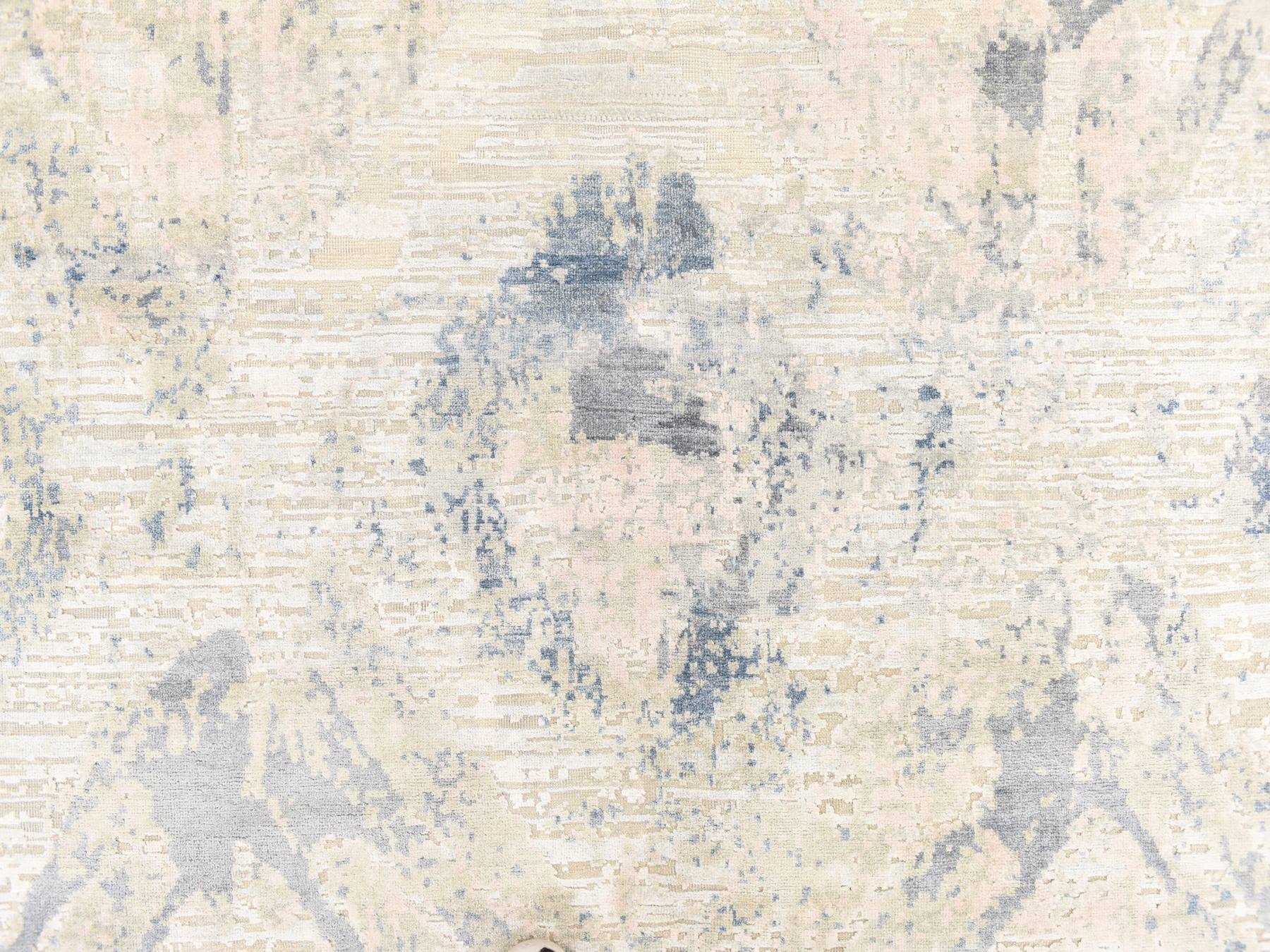 8'10"x12'1" Chiffon White with Pastel Colors, Modern Design, Large Elements Pattern, Hand Knotted, Silk with Textured Wool, Oriental Rug HR78742 - Image 5