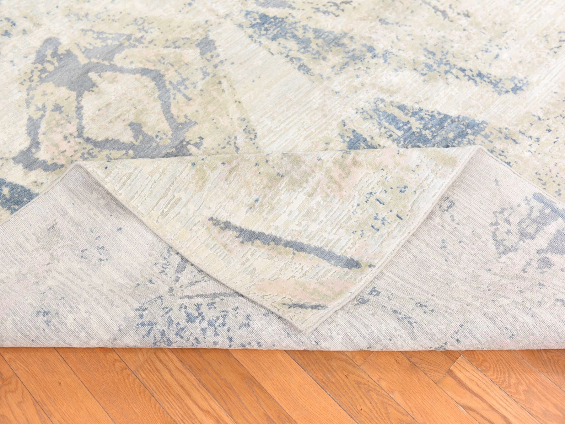 8'10"x12'1" Chiffon White with Pastel Colors, Modern Design, Large Elements Pattern, Hand Knotted, Silk with Textured Wool, Oriental Rug HR78742 - Image 8