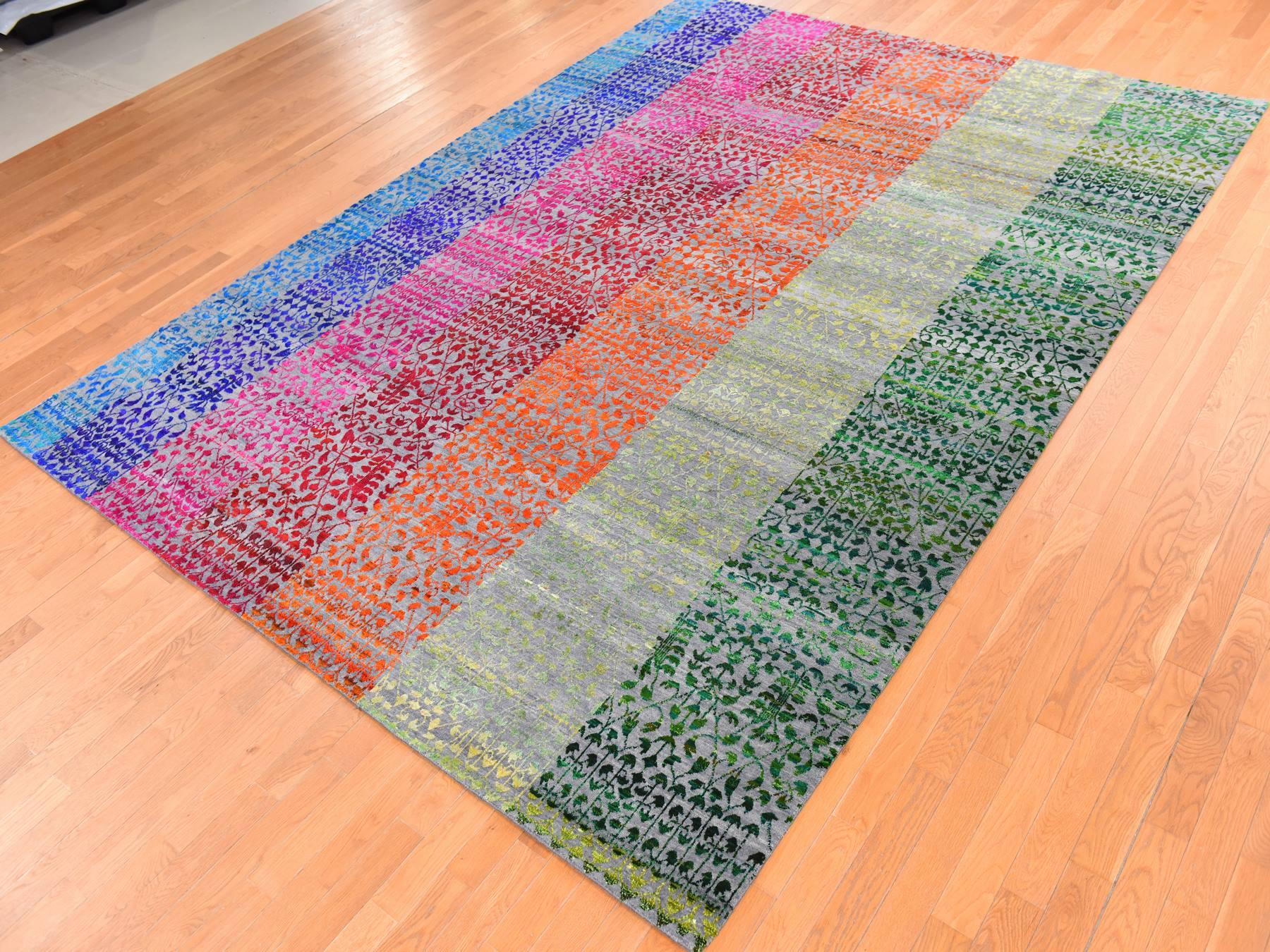 9'x12'1" Colorful, Sari Silk, Bespoken Sampler, Tone On Tone, Hand Knotted, Oriental Rug HR78744 - Image 4