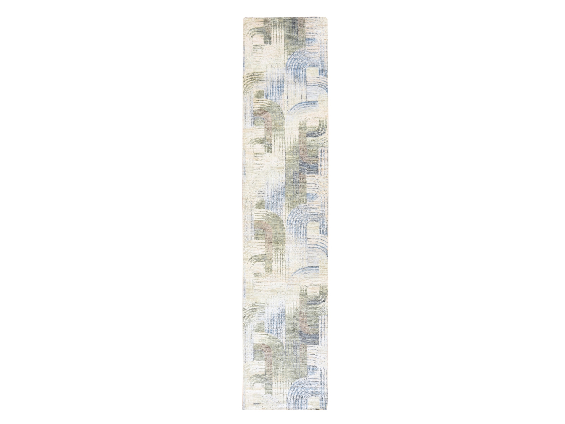 2'7"x12' Cream White, THE INTERTWINED PASSAGE, Silk with Textured Wool, Hand Knotted, Runner, Oriental Rug HR78747