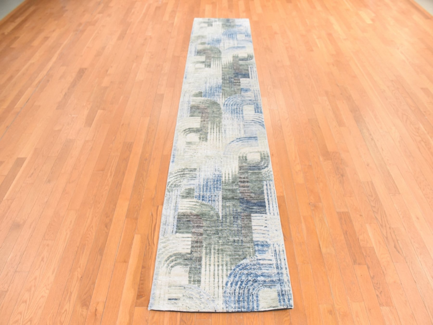 2'7"x12' Cream White, THE INTERTWINED PASSAGE, Silk with Textured Wool, Hand Knotted, Runner, Oriental Rug HR78747 - Image 2