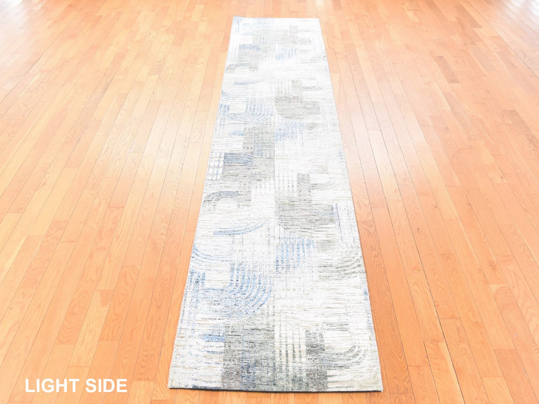 2'7"x12' Cream White, THE INTERTWINED PASSAGE, Silk with Textured Wool, Hand Knotted, Runner, Oriental Rug HR78747 - Image 3