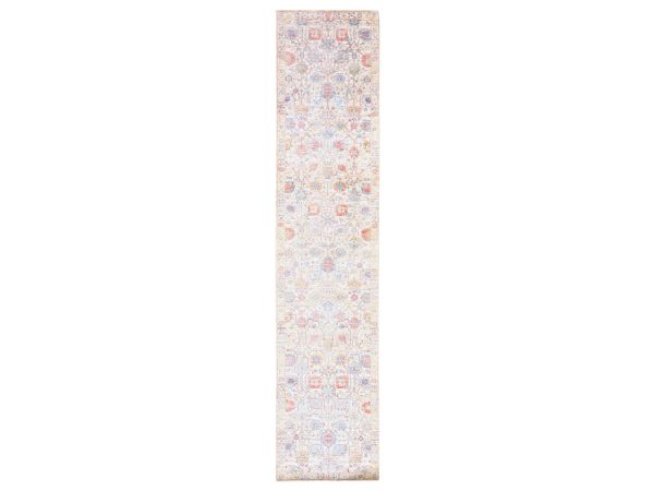 2'7"x12' Lace White, Tabriz Flower and Vase Design, Hand Knotted, Silk with Textured Wool, Plush and Lush, Runner, Oriental Rug HR78748