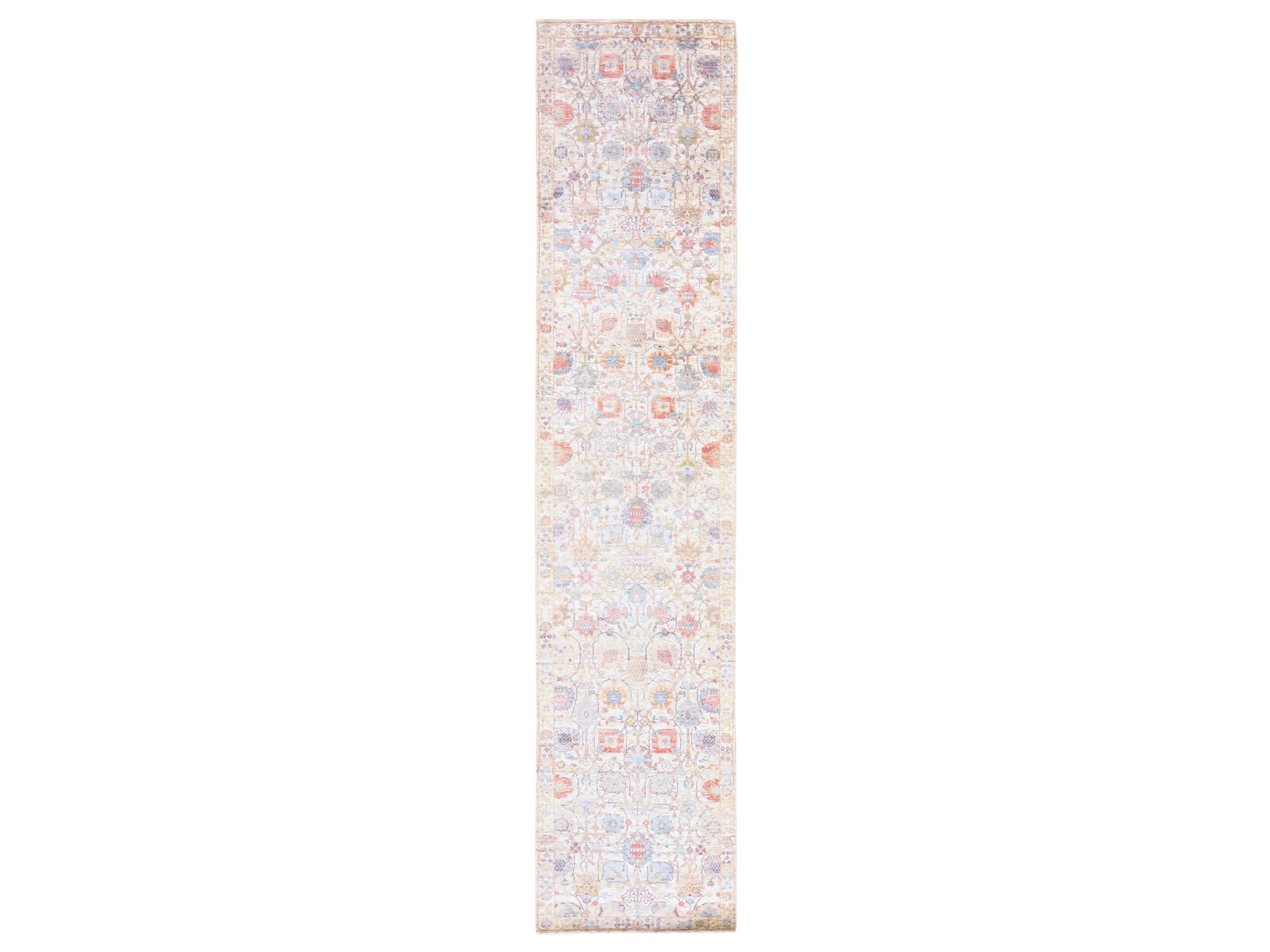 2'7"x12' Lace White, Tabriz Flower and Vase Design, Hand Knotted, Silk with Textured Wool, Plush and Lush, Runner, Oriental Rug HR78748