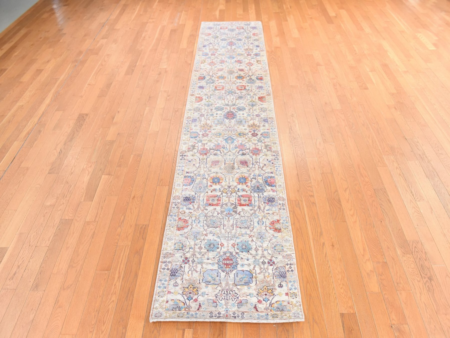 2'7"x12' Lace White, Tabriz Flower and Vase Design, Hand Knotted, Silk with Textured Wool, Plush and Lush, Runner, Oriental Rug HR78748 - Image 2