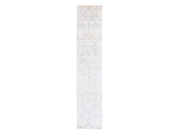 2'5"x12' Whisper White, Pure Silk, Tabriz Vase and Pomegranate Design, Hand Knotted, Runner, Oriental Rug HR78749