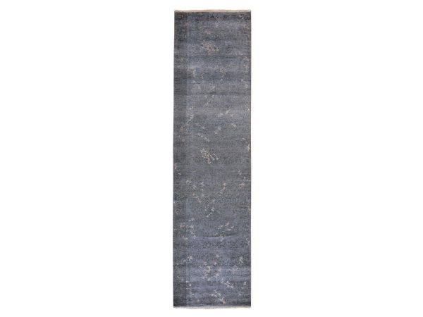 3'x11'9" Charcoal Gray, Modern Design, Hand Knotted, Art Silk, Runner, Oriental Rug HR78751