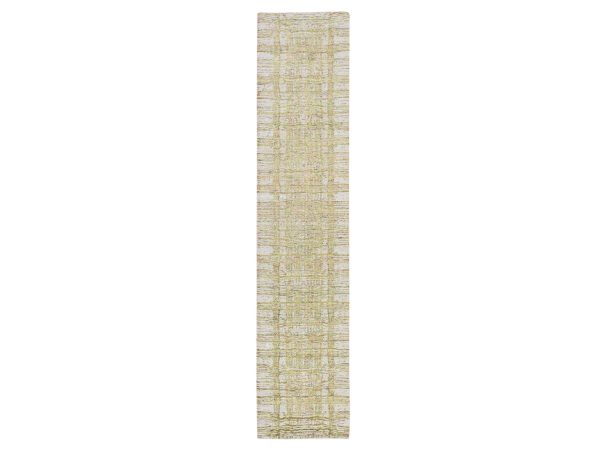 2'6"x11'9" Beige, Modern Design, Fine Jacquard Hand Loomed, Wool and Art Silk, Runner, Oriental Rug HR78752