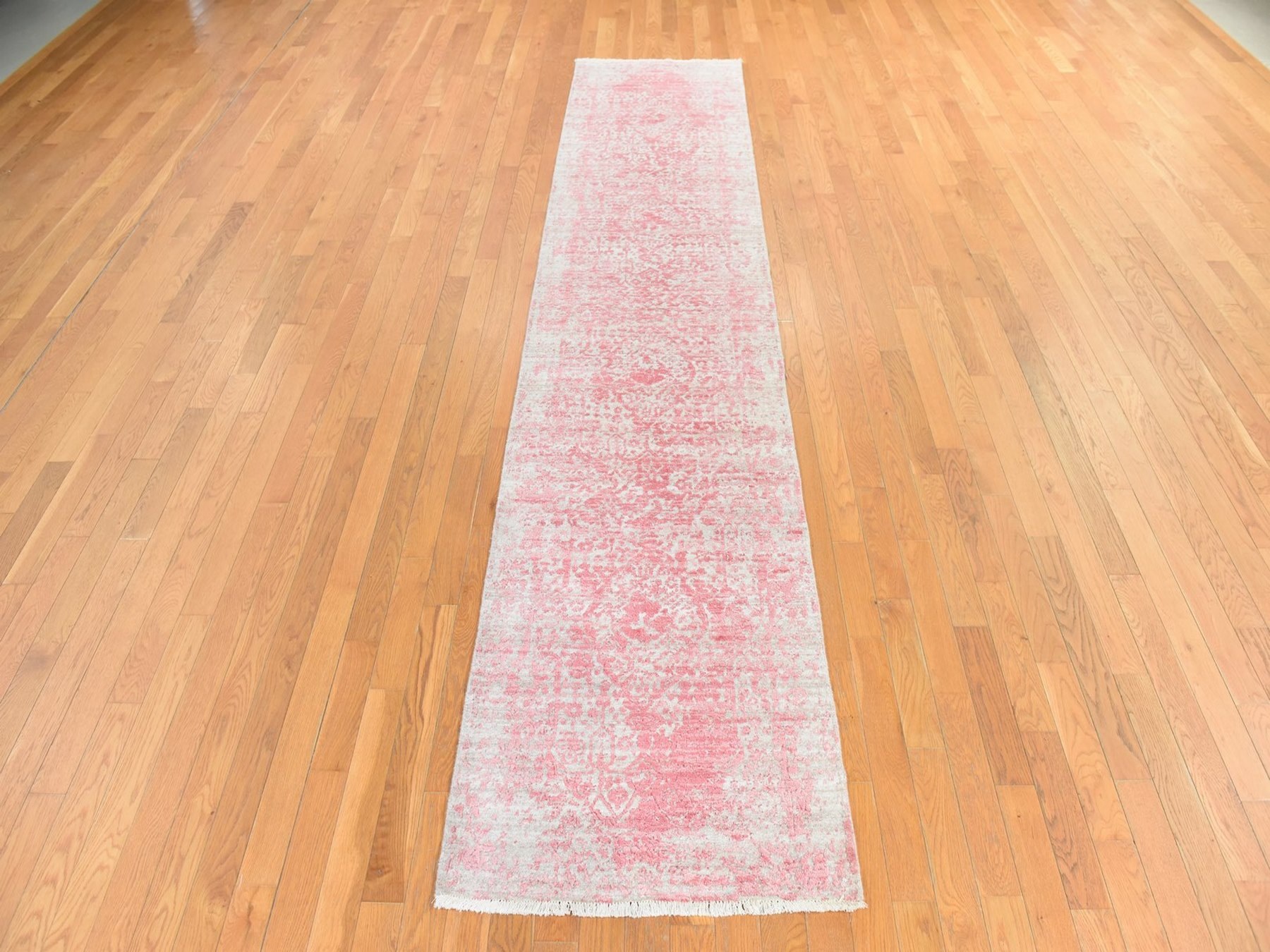 2'8"x11'10" Rose Pink, Broken Persian Design, Wool and Silk, Hand Knotted, Tone on Tone, Runner, Oriental Rug HR78753 - Image 2