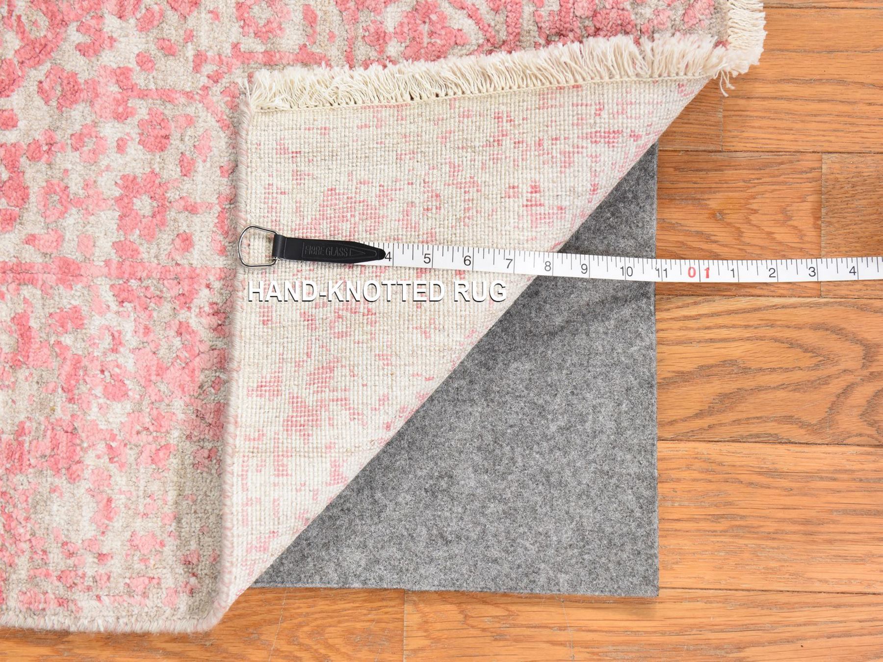 2'8"x11'10" Rose Pink, Broken Persian Design, Wool and Silk, Hand Knotted, Tone on Tone, Runner, Oriental Rug HR78753 - Image 6