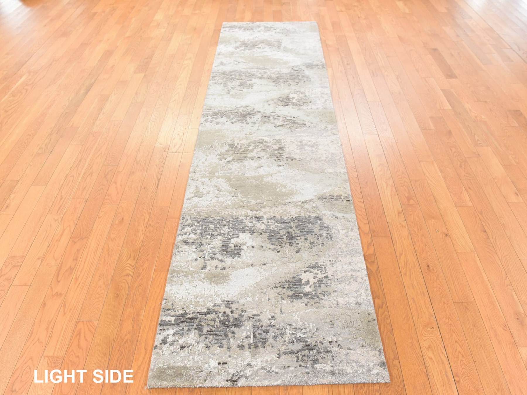 2'8"x9'10" Ivory with Earth Tone Colors, Modern Abstract Design, Wool and Silk, Hand Knotted, Runner, Oriental Rug HR78754 - Image 3
