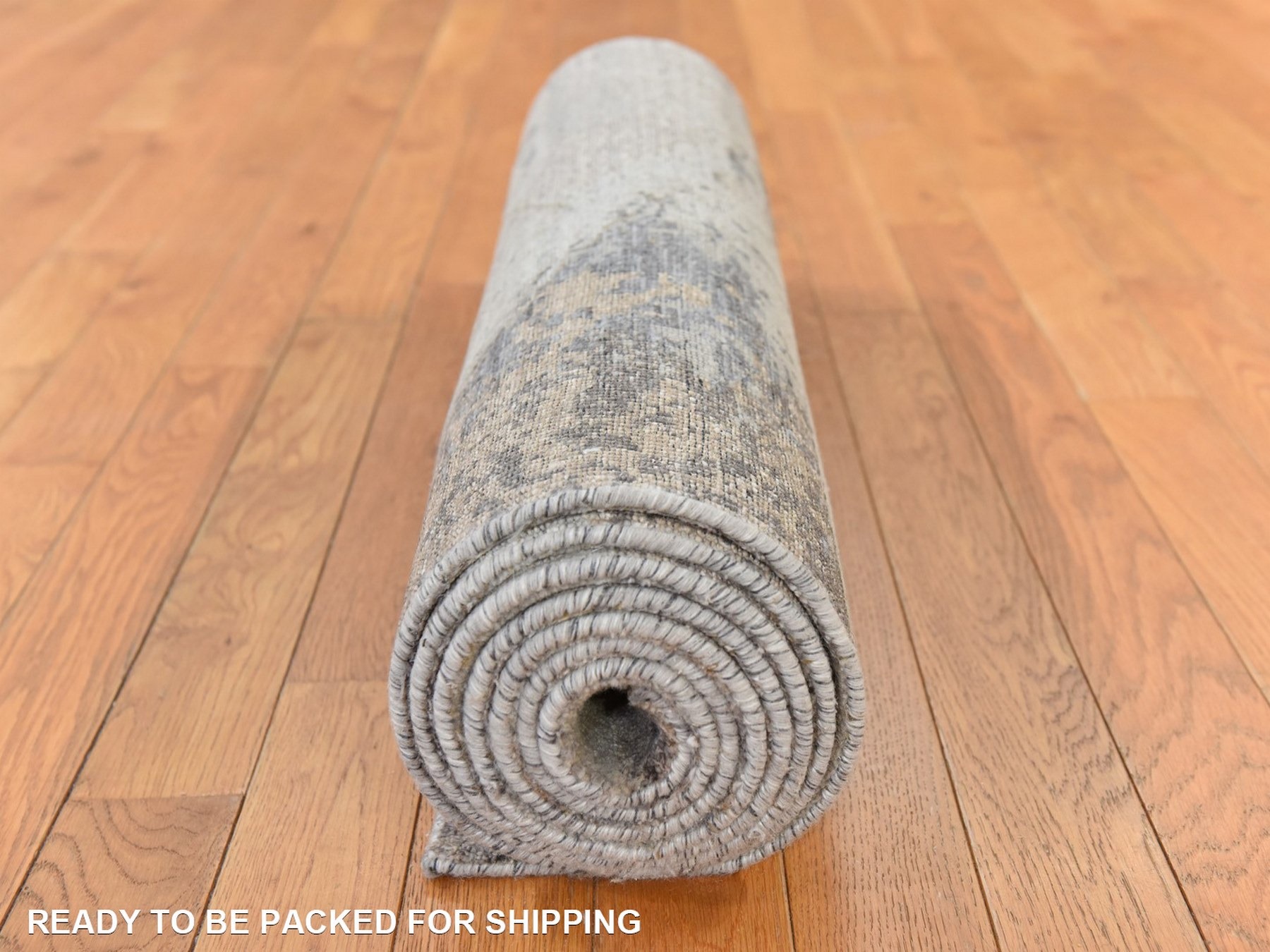 2'8"x9'10" Ivory with Earth Tone Colors, Modern Abstract Design, Wool and Silk, Hand Knotted, Runner, Oriental Rug HR78754 - Image 8