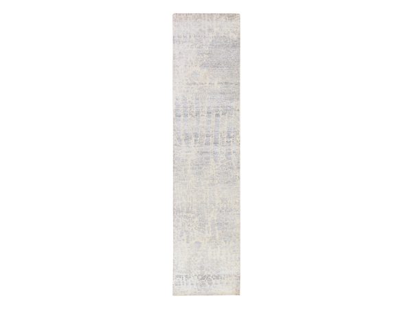 2'5"x10'1" Spanish Gray, Reptile Skin Design, Wool and Silk, Tone on Tone, Hi-Low Pile, Denser Weave, Hand Knotted, Runner, Oriental Rug HR78755