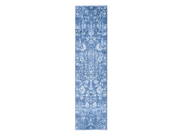 2'6"x10'2" Aegean Blue, All Over Design, Tone on Tone, Wool and Silk, Hand Knotted, Runner, Oriental Rug HR78756