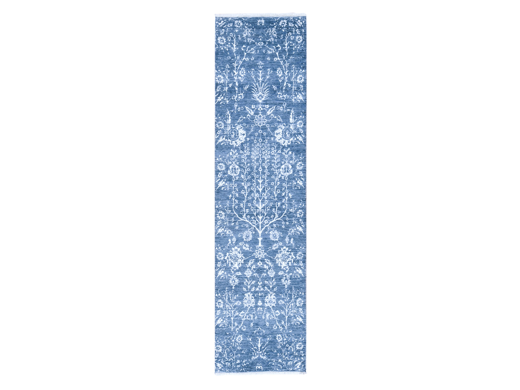 2'6"x10'2" Aegean Blue, All Over Design, Tone on Tone, Wool and Silk, Hand Knotted, Runner, Oriental Rug HR78756