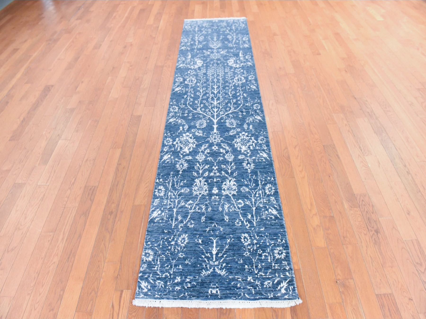 2'6"x10'2" Aegean Blue, All Over Design, Tone on Tone, Wool and Silk, Hand Knotted, Runner, Oriental Rug HR78756 - Image 2