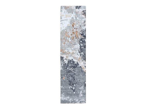 2'6"x10' Shades of Gray, Modern Abstract Design, Wool and Silk, Hand Knotted, Dense Weave, Runner, Oriental Rug HR78757