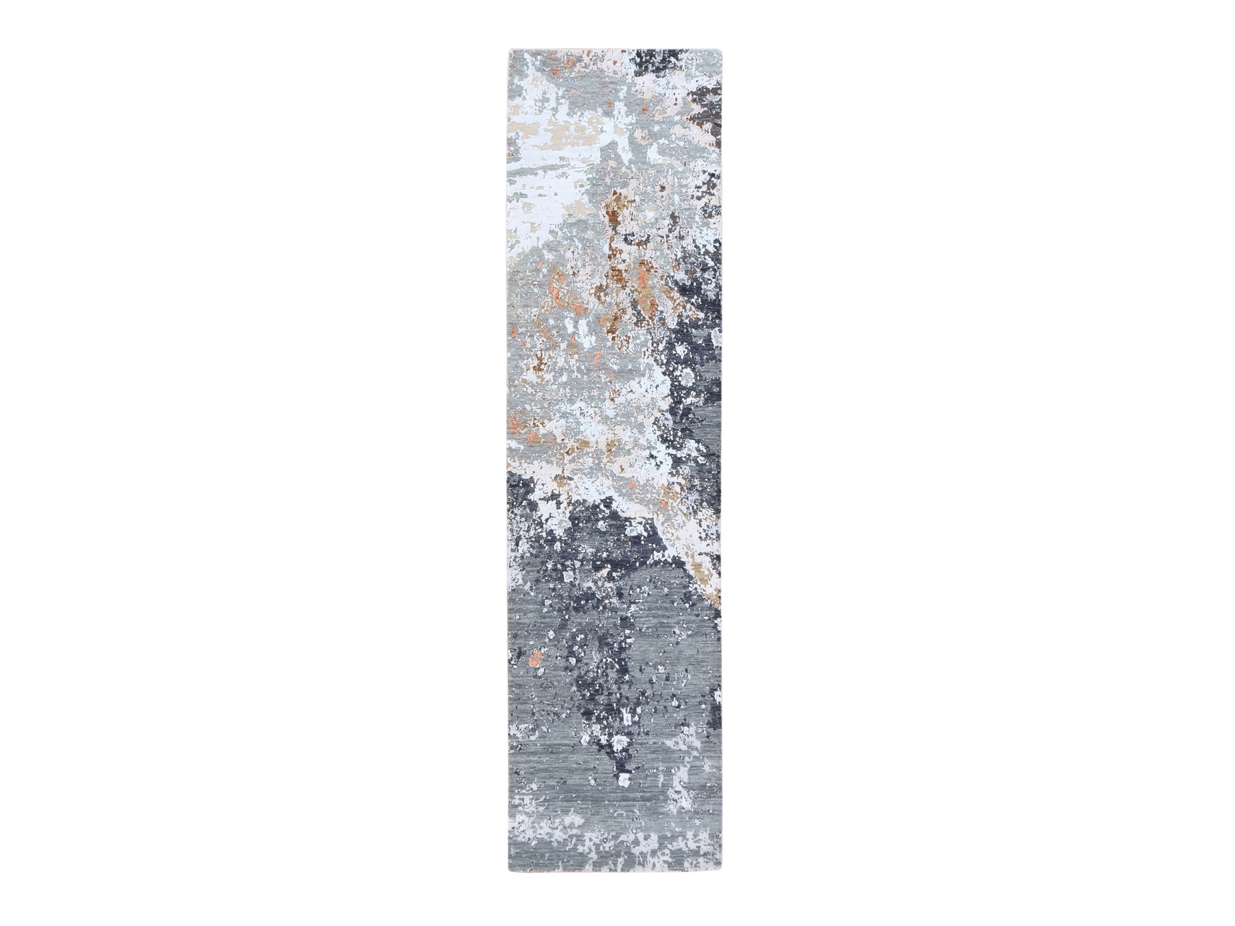 2'6"x10' Shades of Gray, Modern Abstract Design, Wool and Silk, Hand Knotted, Dense Weave, Runner, Oriental Rug HR78757