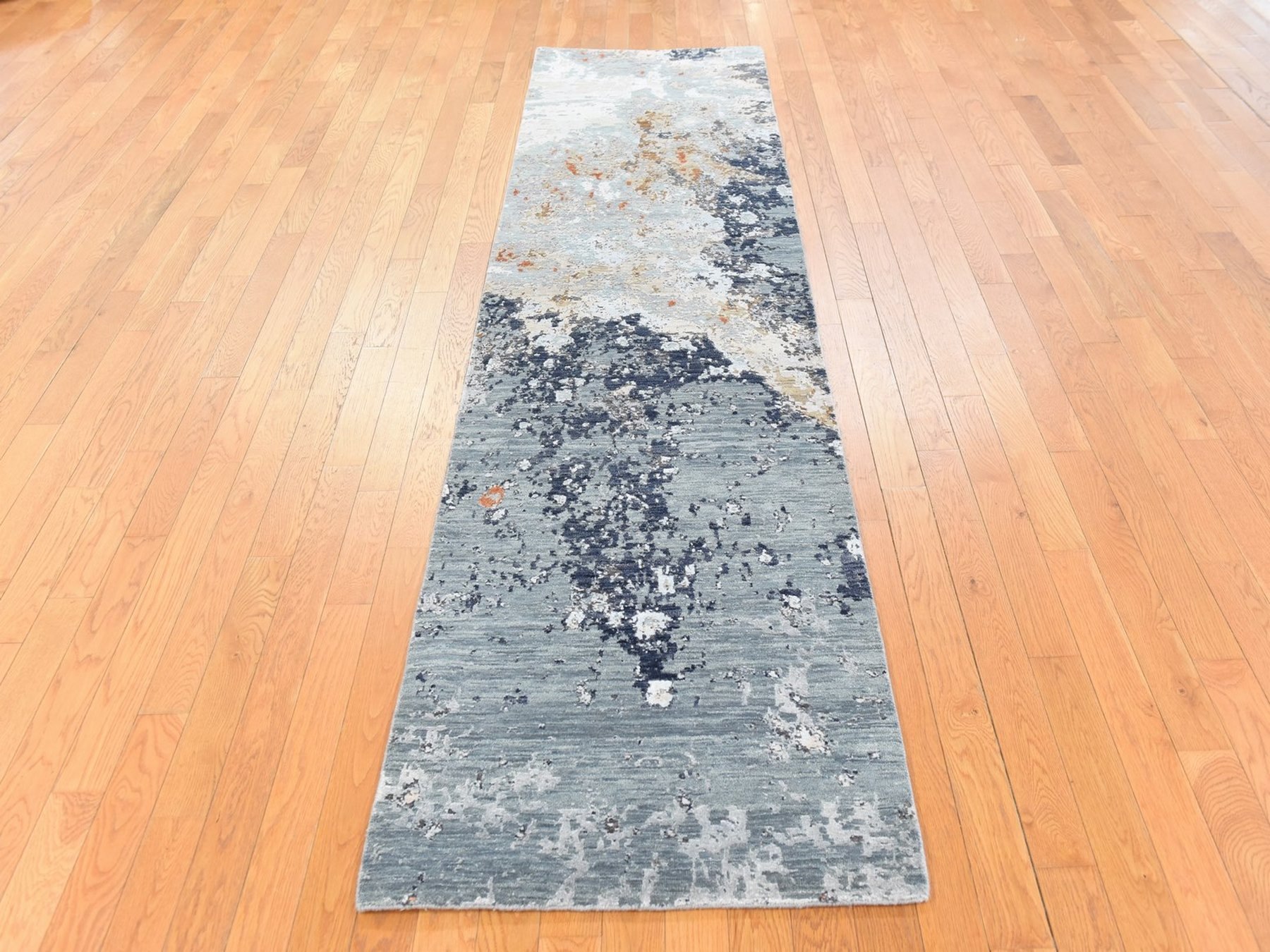 2'6"x10' Shades of Gray, Modern Abstract Design, Wool and Silk, Hand Knotted, Dense Weave, Runner, Oriental Rug HR78757 - Image 2