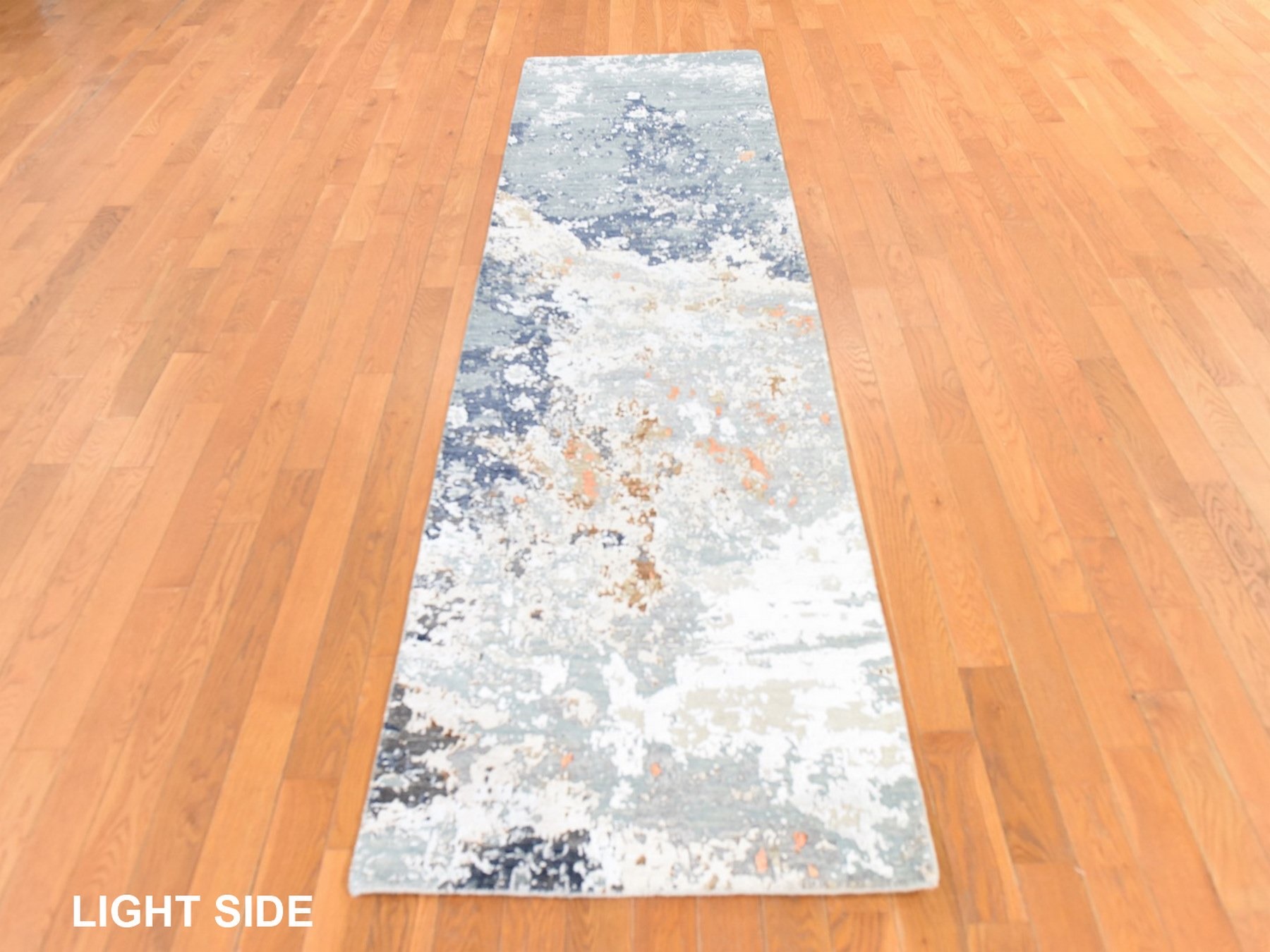 2'6"x10' Shades of Gray, Modern Abstract Design, Wool and Silk, Hand Knotted, Dense Weave, Runner, Oriental Rug HR78757 - Image 3