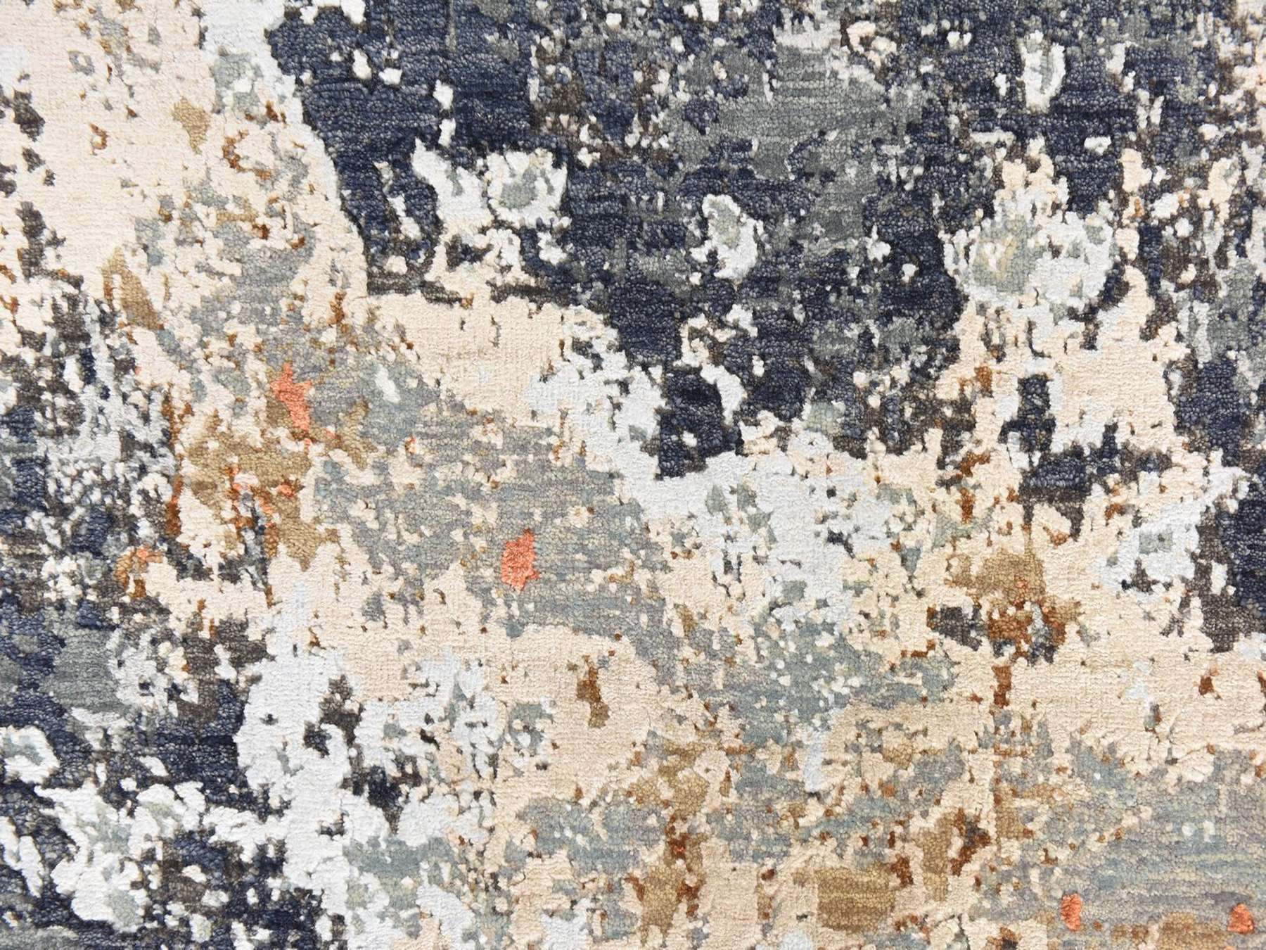 2'6"x10' Shades of Gray, Modern Abstract Design, Wool and Silk, Hand Knotted, Dense Weave, Runner, Oriental Rug HR78757 - Image 4