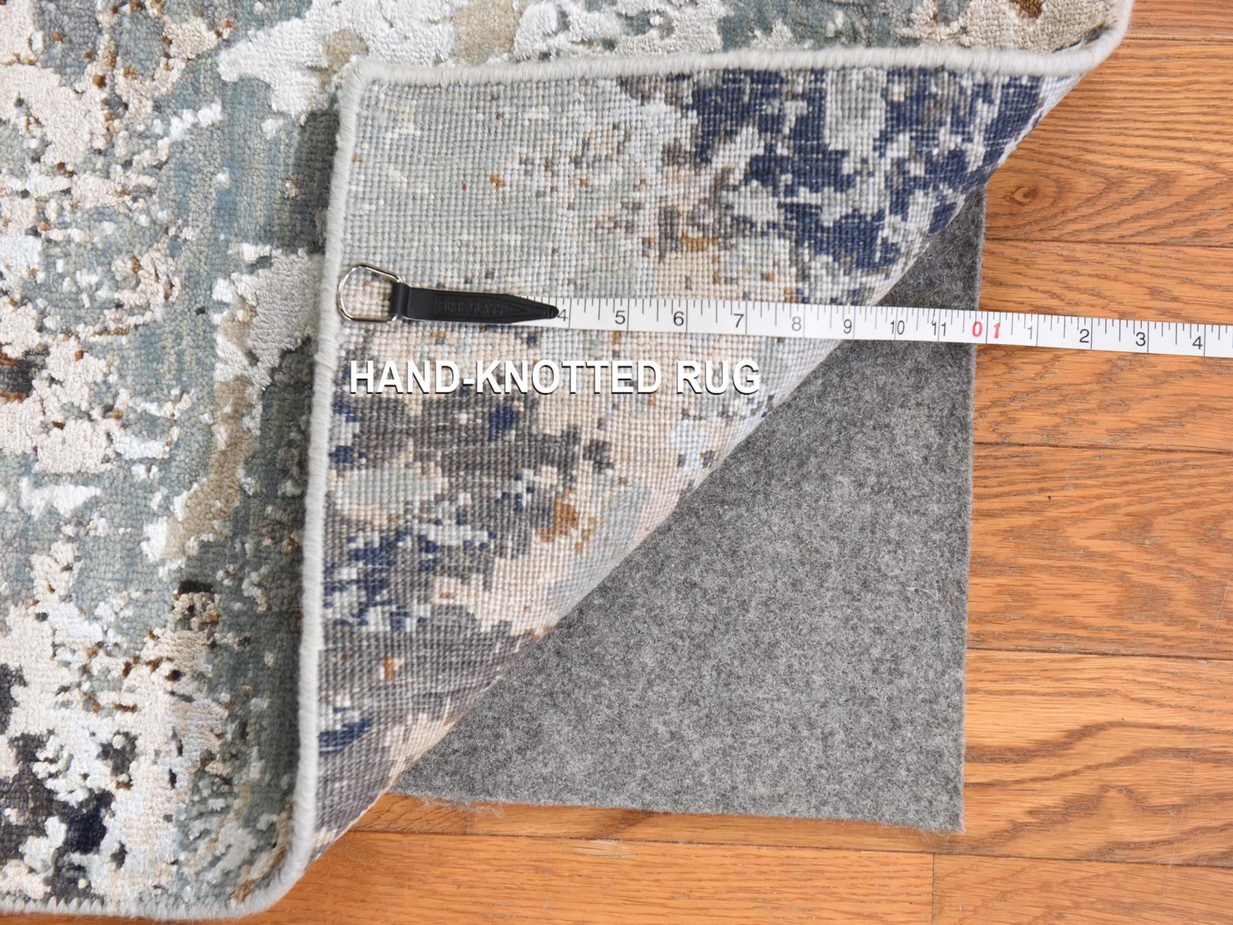 2'6"x10' Shades of Gray, Modern Abstract Design, Wool and Silk, Hand Knotted, Dense Weave, Runner, Oriental Rug HR78757 - Image 6