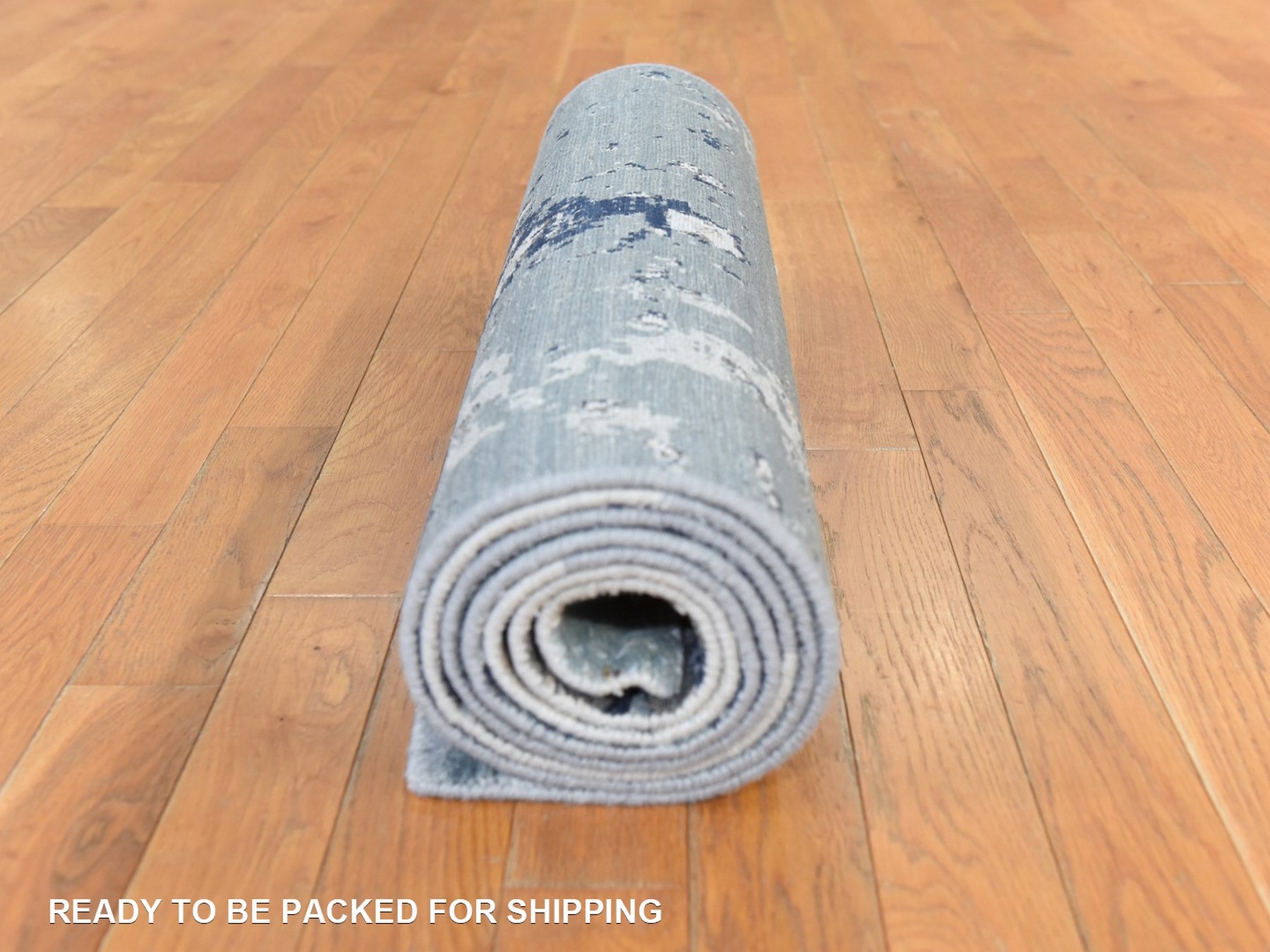 2'6"x10' Shades of Gray, Modern Abstract Design, Wool and Silk, Hand Knotted, Dense Weave, Runner, Oriental Rug HR78757 - Image 8