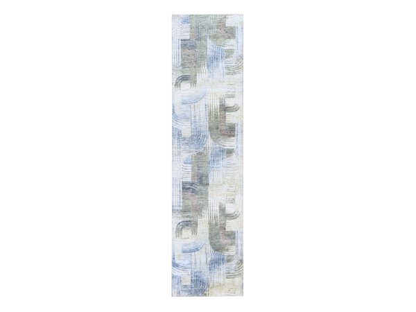 2'7"x10'4" Whisper White, THE INTERTWINED PASSAGE, Silk with Textured Wool, Hand Knotted, Runner, Oriental Rug HR78758