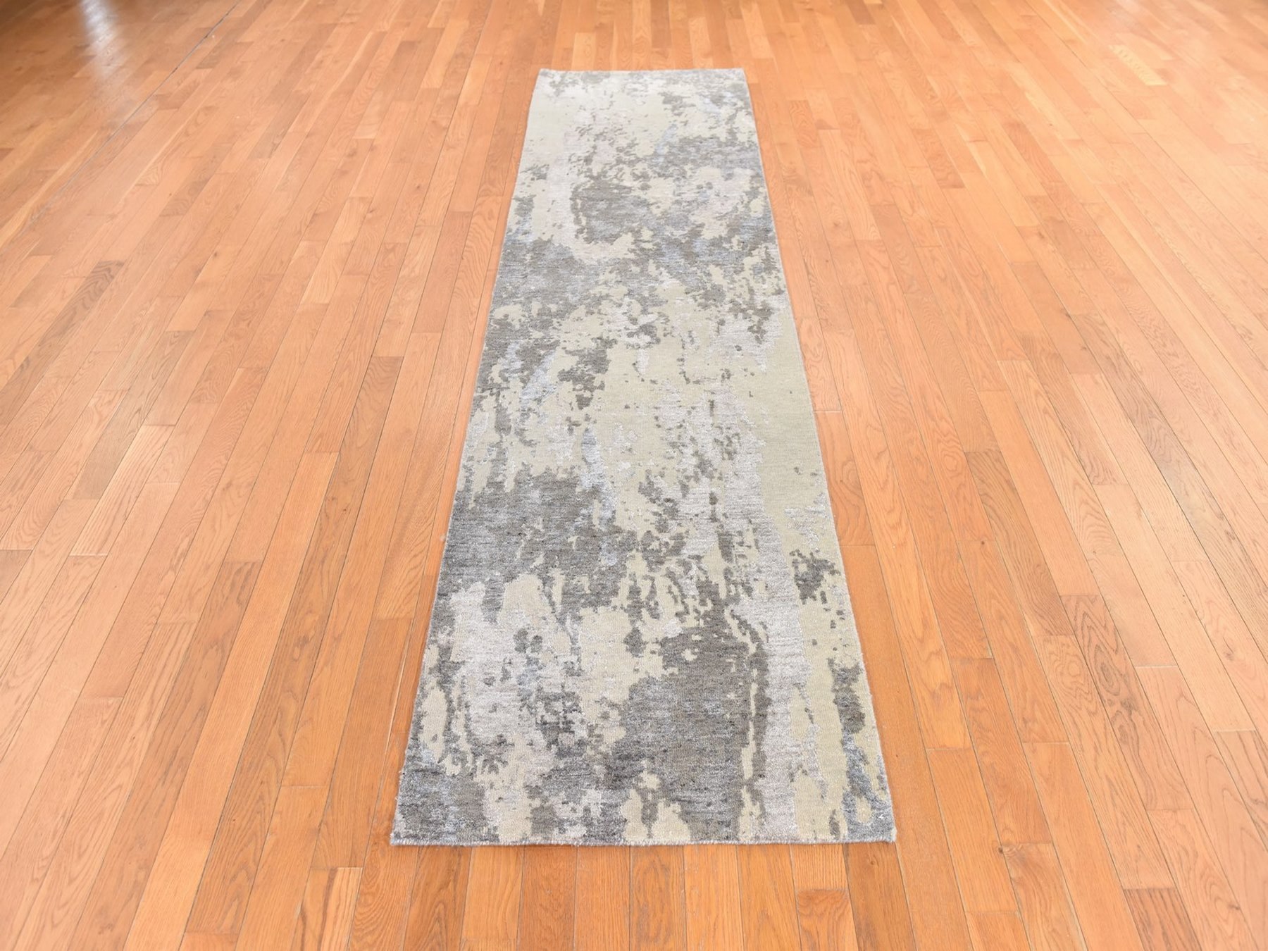 2'8"x10' Brown with Gray, Modern Abstract Design, Wool and Silk, Hand Knotted, Runner, Oriental Rug HR78759 - Image 2