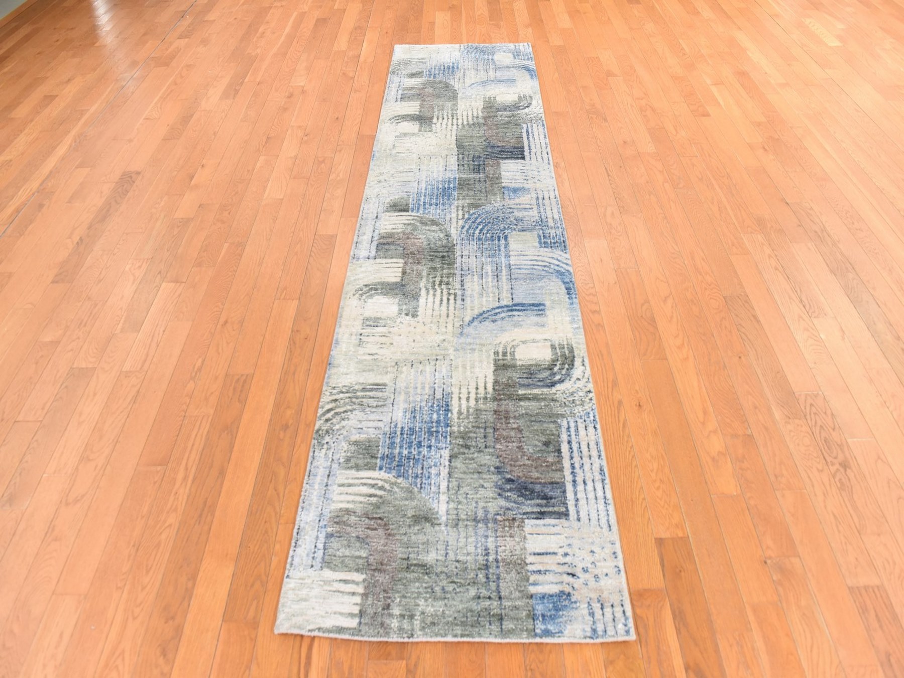 2'7"x10'4" Ivory, THE INTERTWINED PASSAGE, Silk with Textured Wool, Hand Knotted, Runner, Oriental Rug HR78760 - Image 2