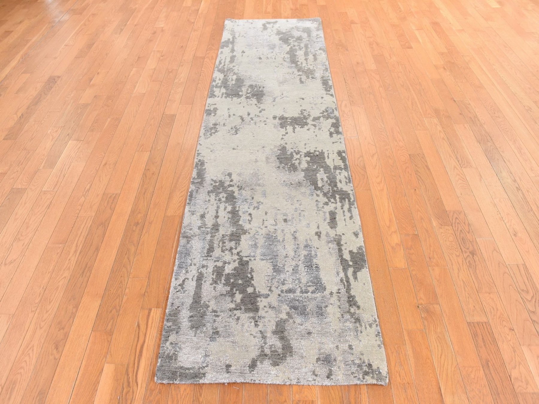 2'8"x9'7" Brown with Gray, Modern Abstract Design, Wool and Silk, Hand Knotted, Runner, Oriental Rug HR78761 - Image 2