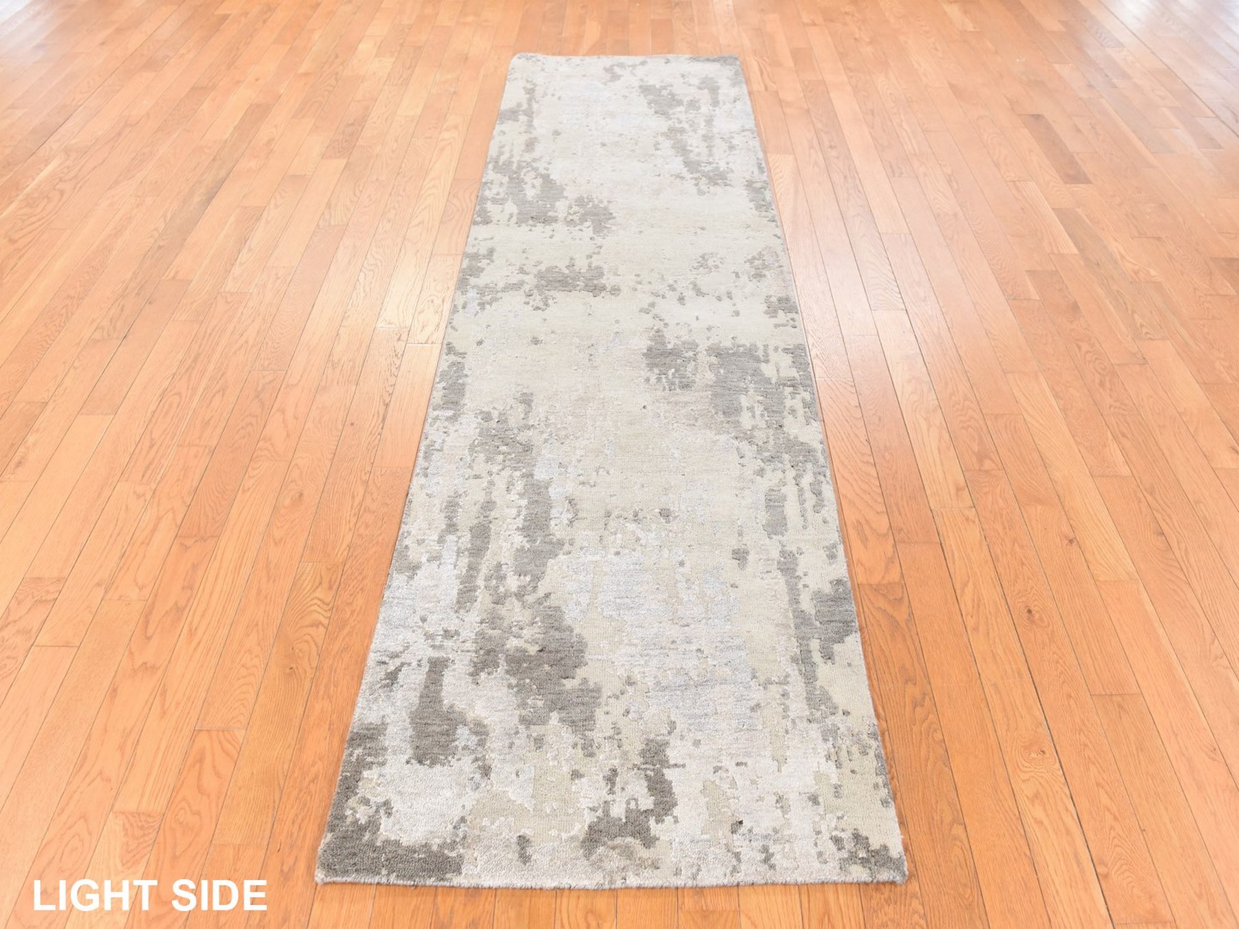 2'8"x9'7" Brown with Gray, Modern Abstract Design, Wool and Silk, Hand Knotted, Runner, Oriental Rug HR78761 - Image 3