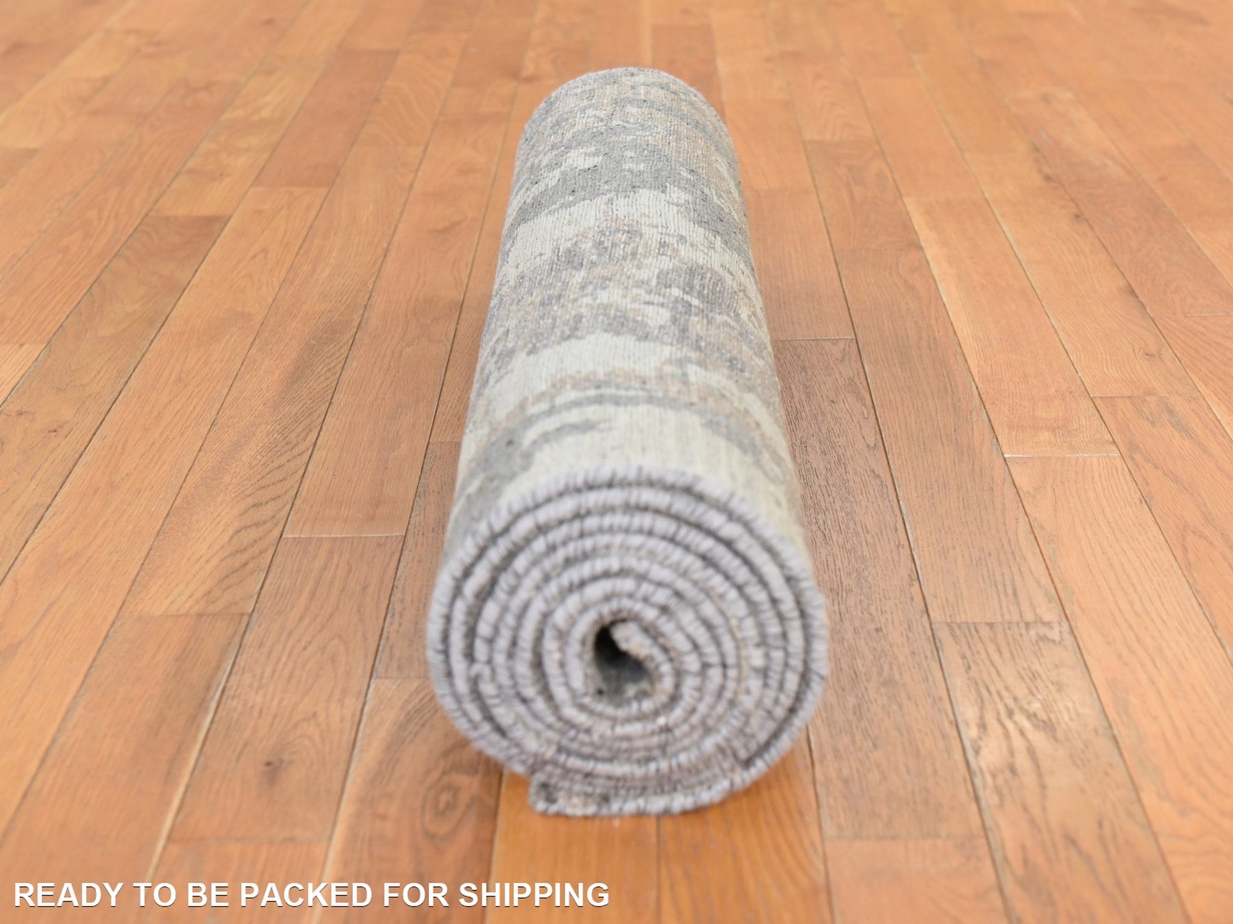2'8"x9'7" Brown with Gray, Modern Abstract Design, Wool and Silk, Hand Knotted, Runner, Oriental Rug HR78761 - Image 8