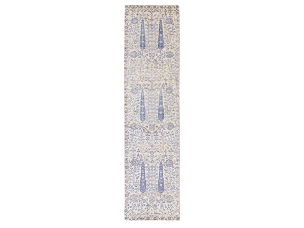 2'7"x10'1" Ivory with Purple, Willow and Cypress Tree Design, Silk with Textured Wool, Hand Knotted, Runner, Oriental Rug HR78763