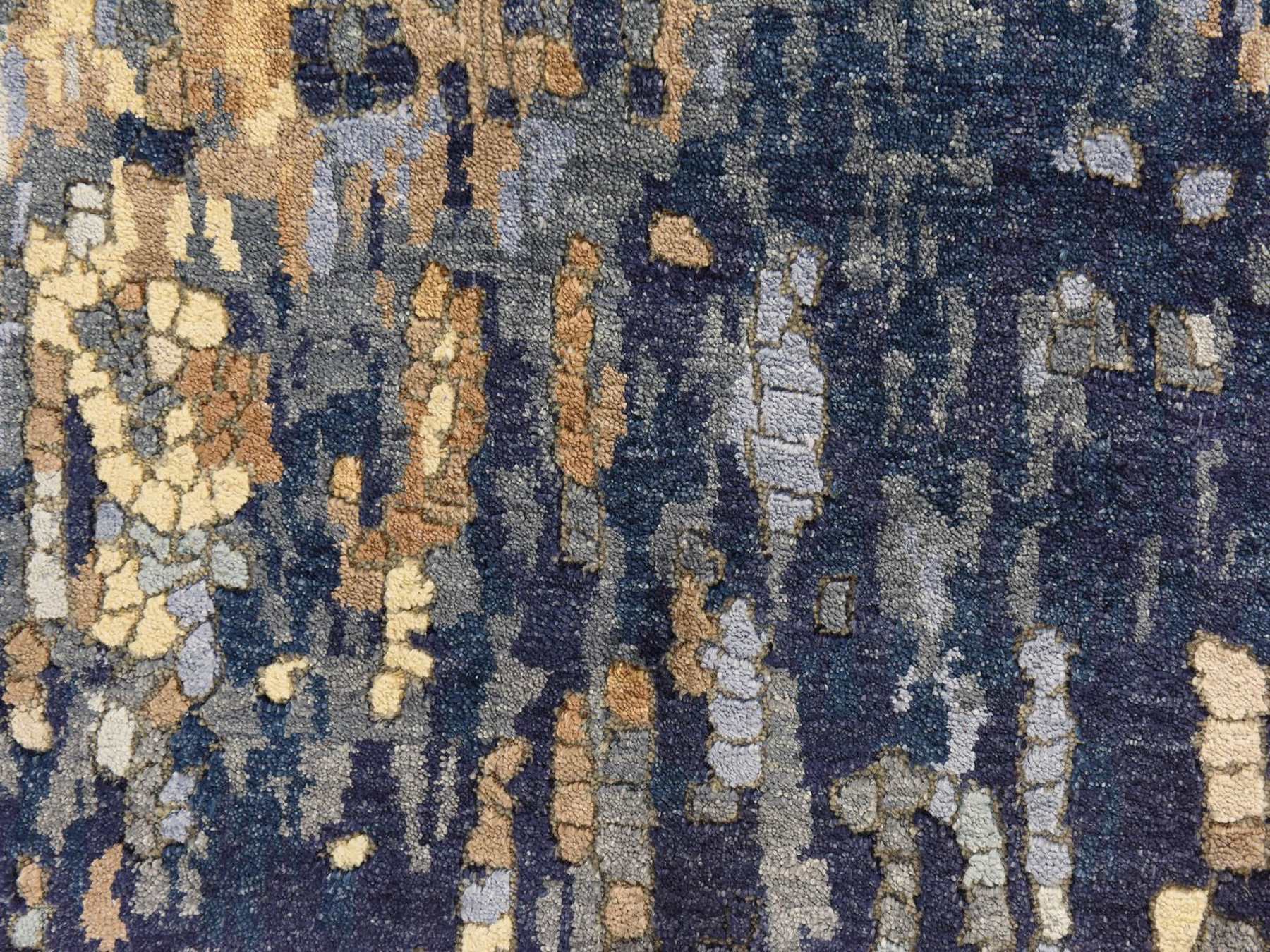 2'6"x9'10" Shades of Blue with Gold, Hand Knotted, Mosaic Design, Wool and Silk, Runner, Oriental Rug HR78764 - Image 4
