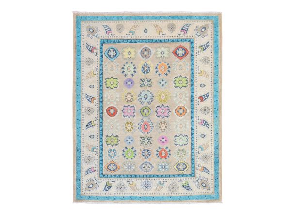 5'x6'4" Beige, Colorful Fusion Kazak with Geometric Design, Pure Wool, Hand Knotted, Oriental Rug HR78766