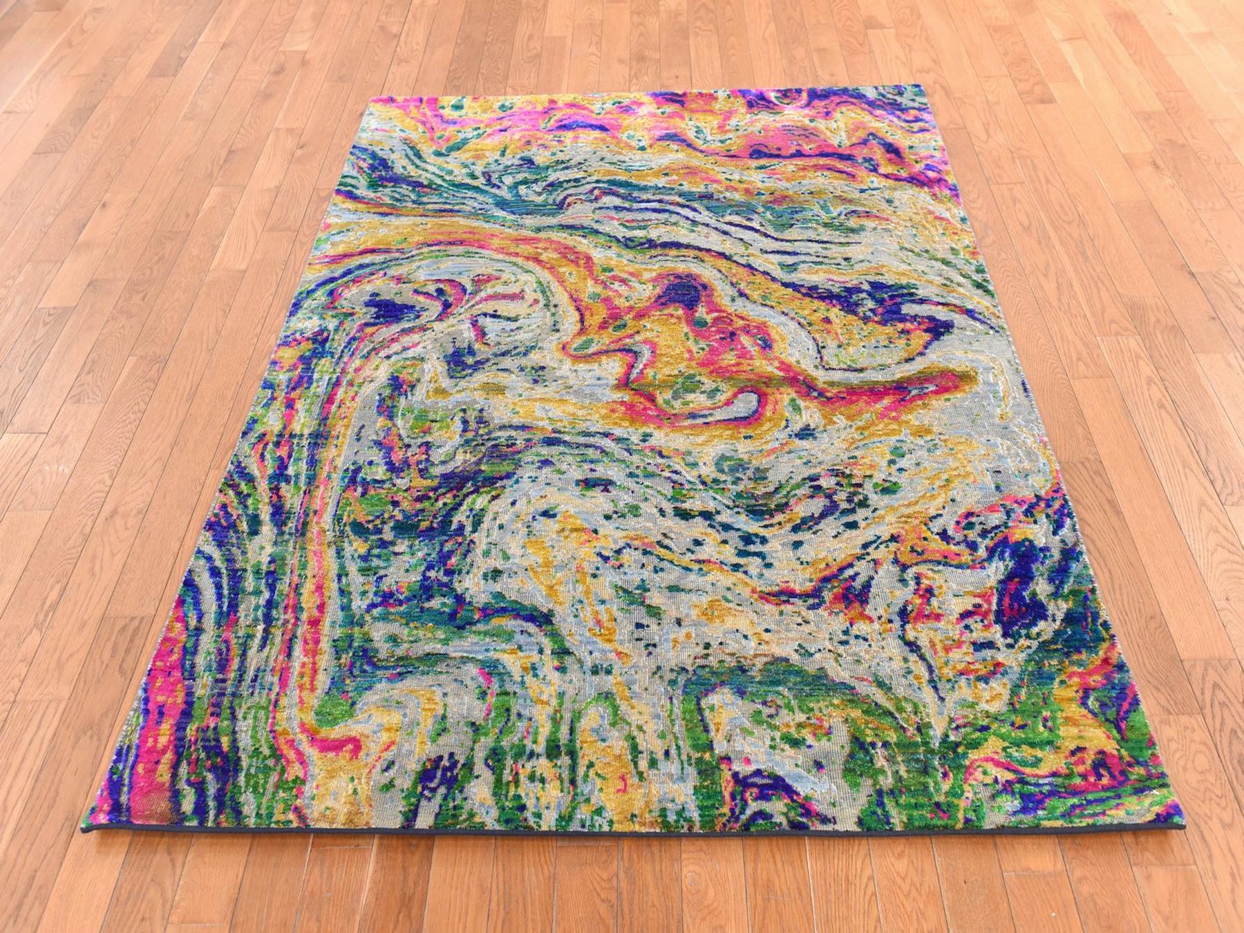 4'9"x6'7" Colorful, THE LAVA DESIGN, Sari Silk with Textured Wool, Hand Knotted, Oriental Rug HR78768 - Image 2