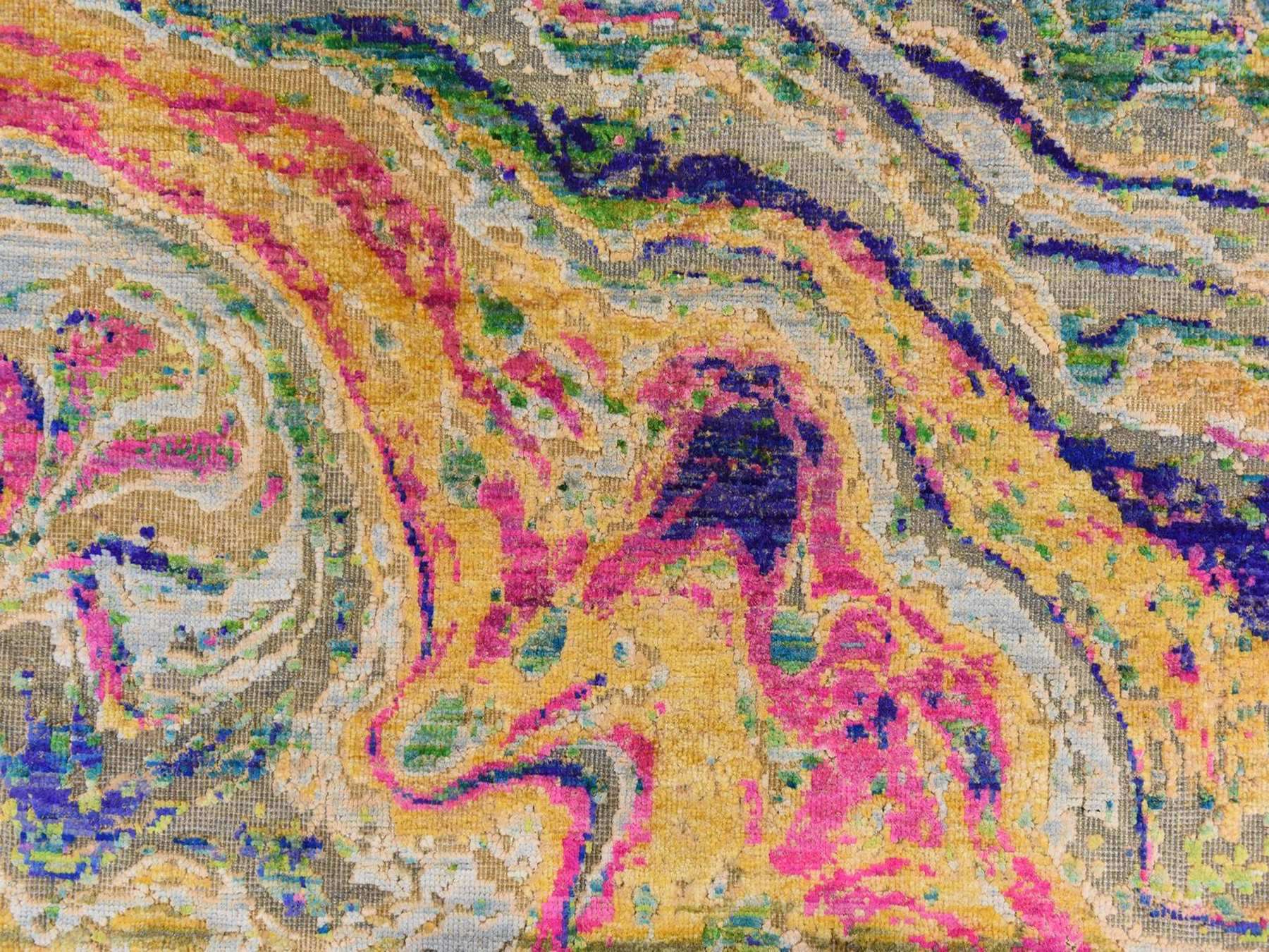 4'9"x6'7" Colorful, THE LAVA DESIGN, Sari Silk with Textured Wool, Hand Knotted, Oriental Rug HR78768 - Image 4