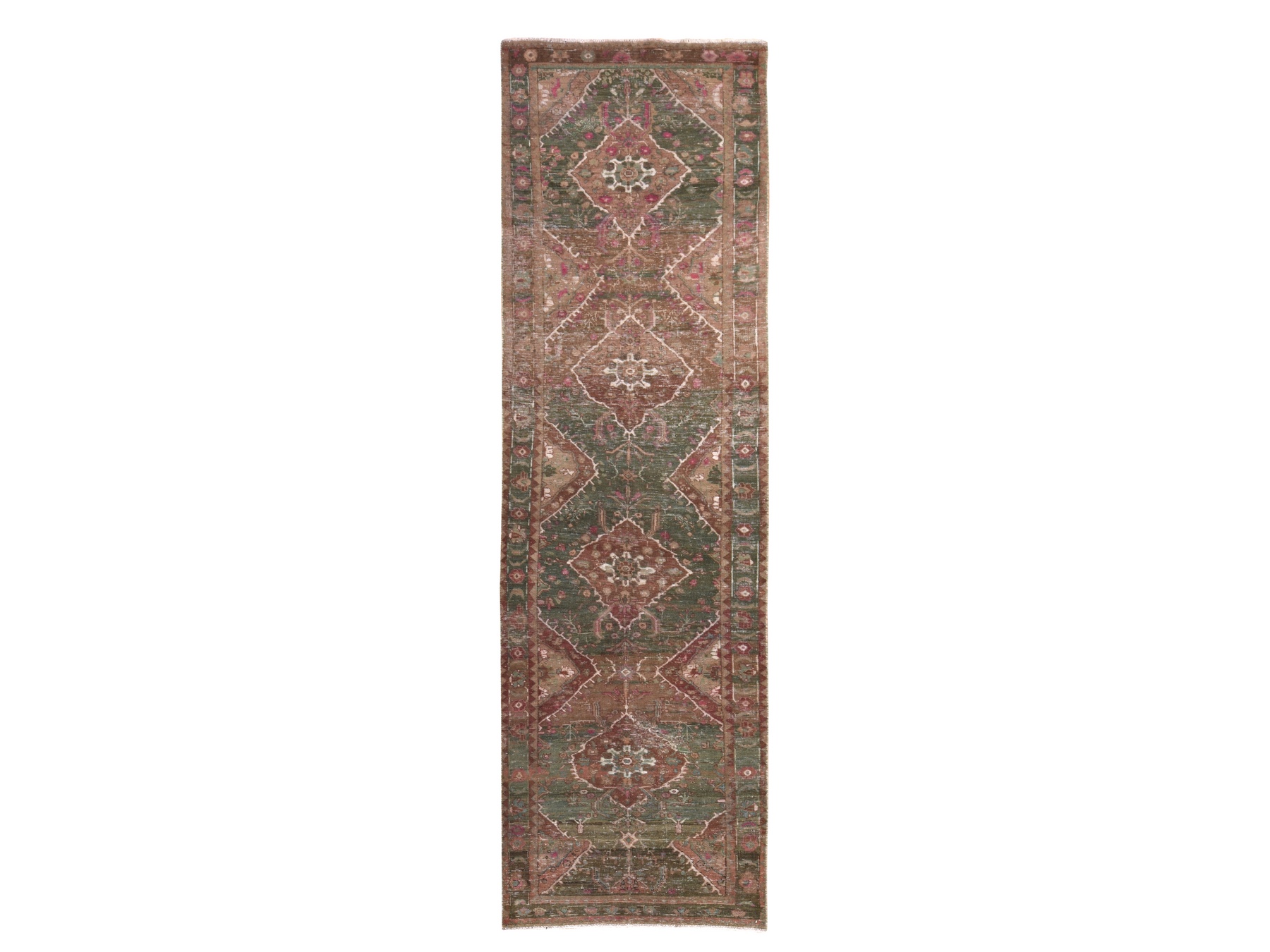3'7"x12'3" Bistro Green, Vintage Persian Heriz, Distressed and Worn Down, Distinct Abrash, Hand Knotted, Pure Wool, Runner, Oriental Rug HR78773
