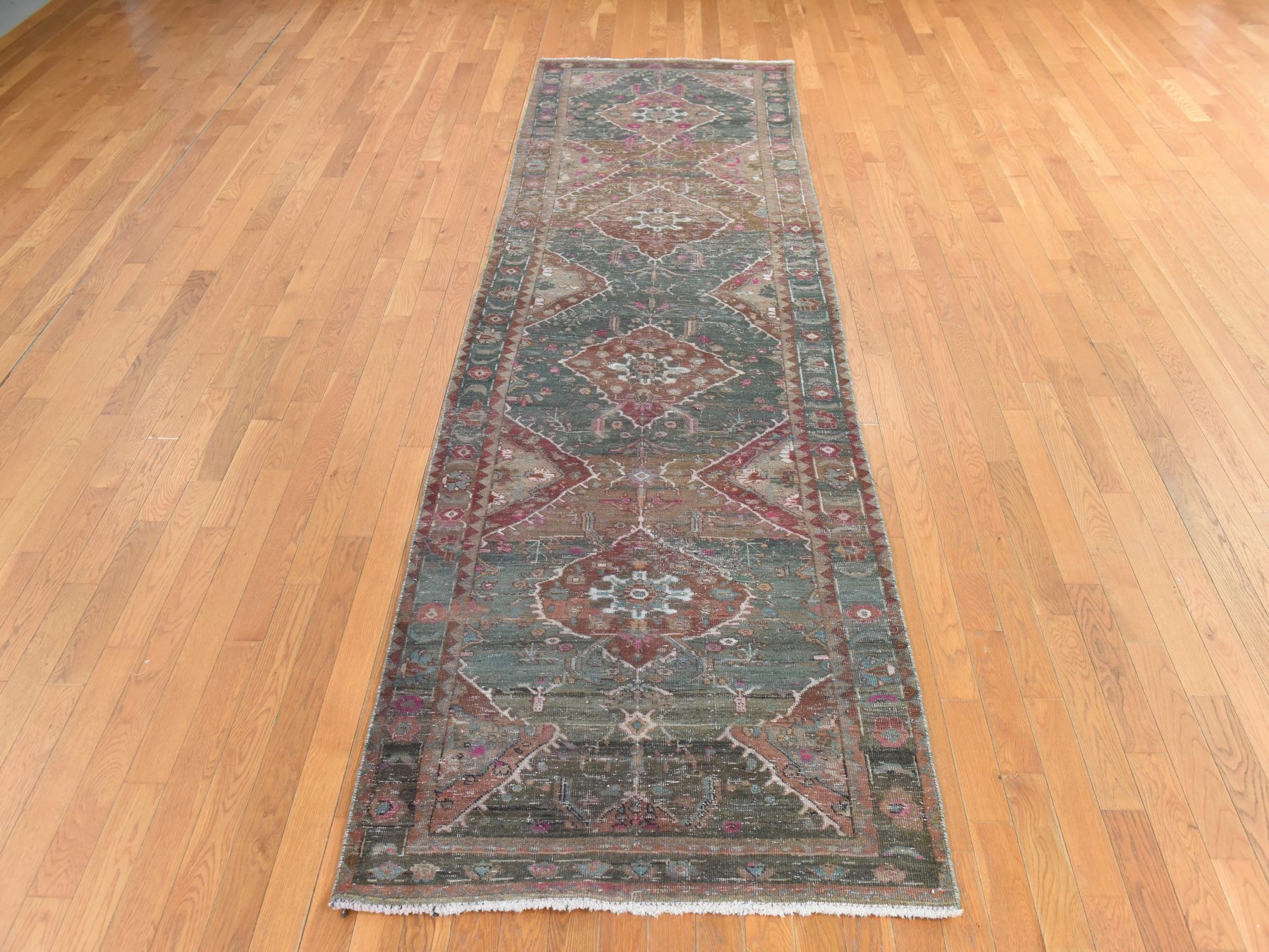 3'7"x12'3" Bistro Green, Vintage Persian Heriz, Distressed and Worn Down, Distinct Abrash, Hand Knotted, Pure Wool, Runner, Oriental Rug HR78773 - Image 2