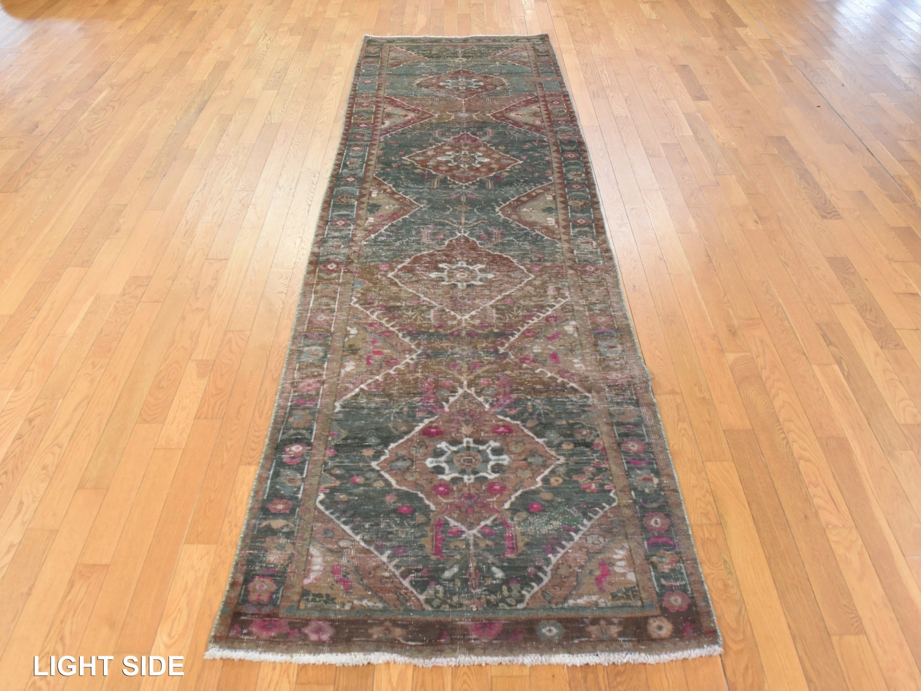 3'7"x12'3" Bistro Green, Vintage Persian Heriz, Distressed and Worn Down, Distinct Abrash, Hand Knotted, Pure Wool, Runner, Oriental Rug HR78773 - Image 3