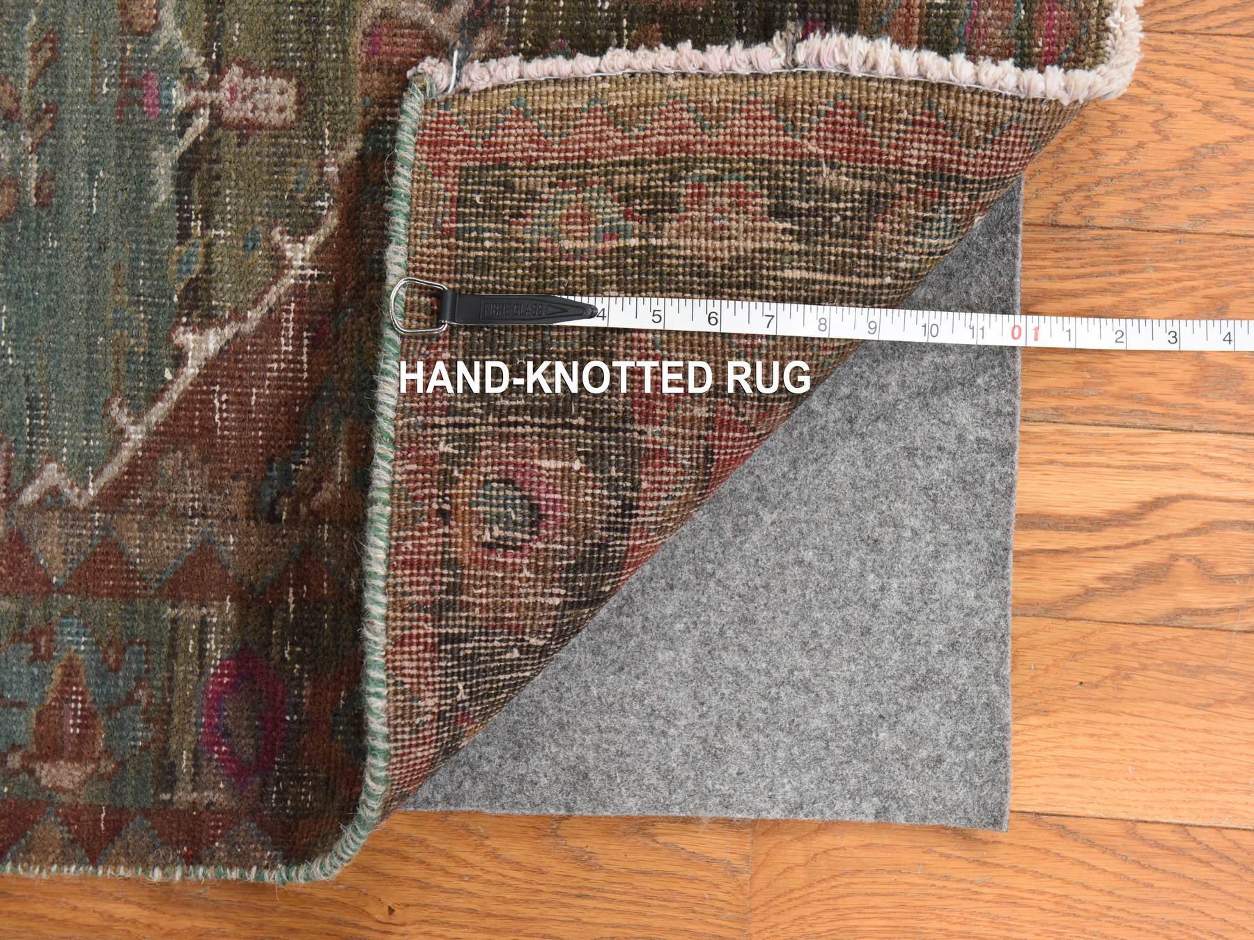 3'7"x12'3" Bistro Green, Vintage Persian Heriz, Distressed and Worn Down, Distinct Abrash, Hand Knotted, Pure Wool, Runner, Oriental Rug HR78773 - Image 6