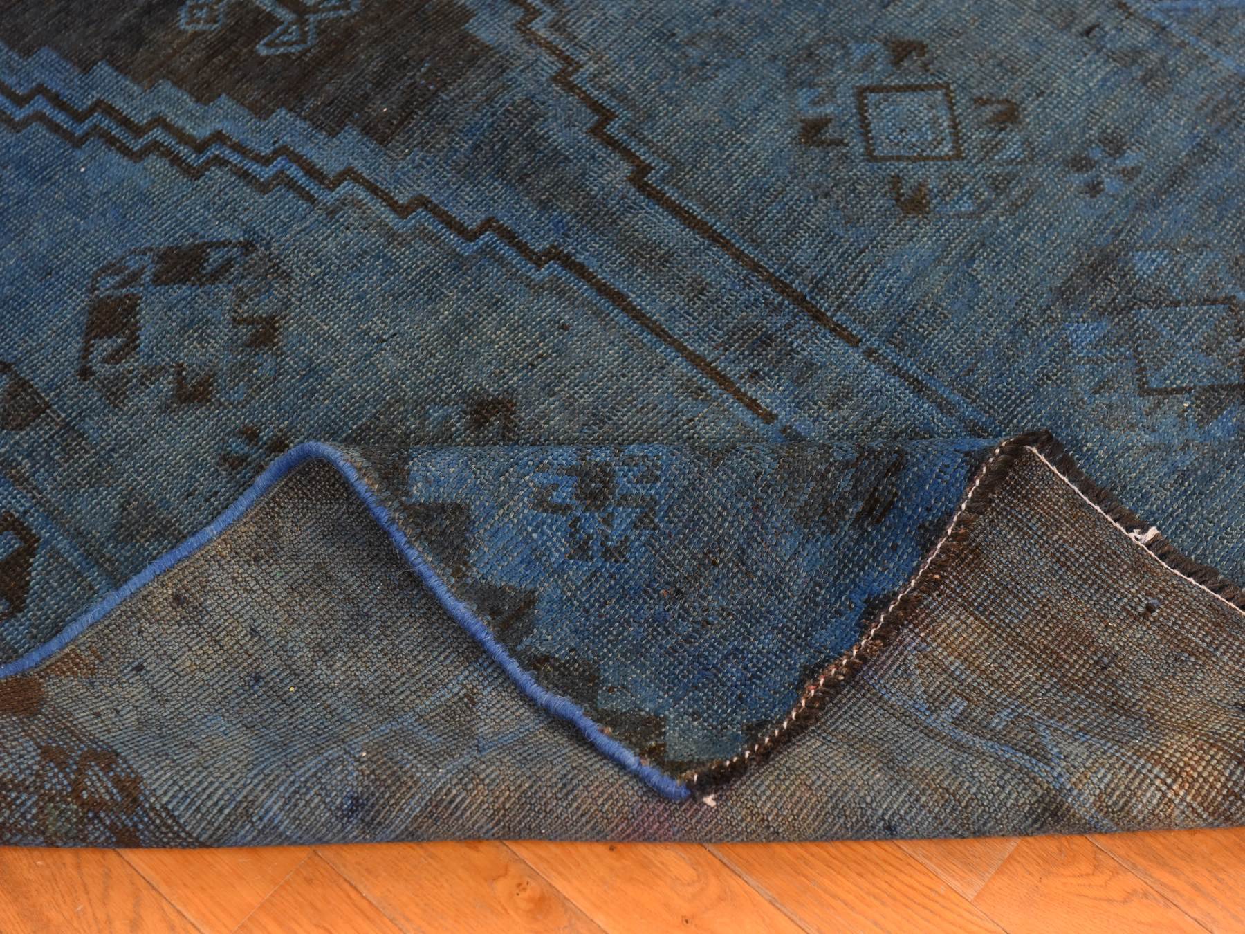 5'x10' Yale Blue, Overdyed Vintage Persian Shiraz, Worn Down and Distressed, Hand Knotted, 100% Wool, Gallery Size, Extra Wide Runner, Oriental Rug HR78774 - Image 8