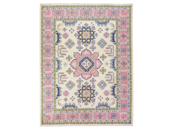 8'10"x11'6" Swan White, Fusion Kazak with Flower Medallions Design, Natural Wool, Hand Knotted, Oriental Rug HR78775