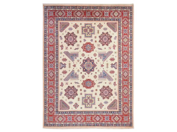 8'8"x12' Parchment White, Special Kazak with Geometric Medallions, Pure Wool, Hand Knotted, Oriental Rug HR78777